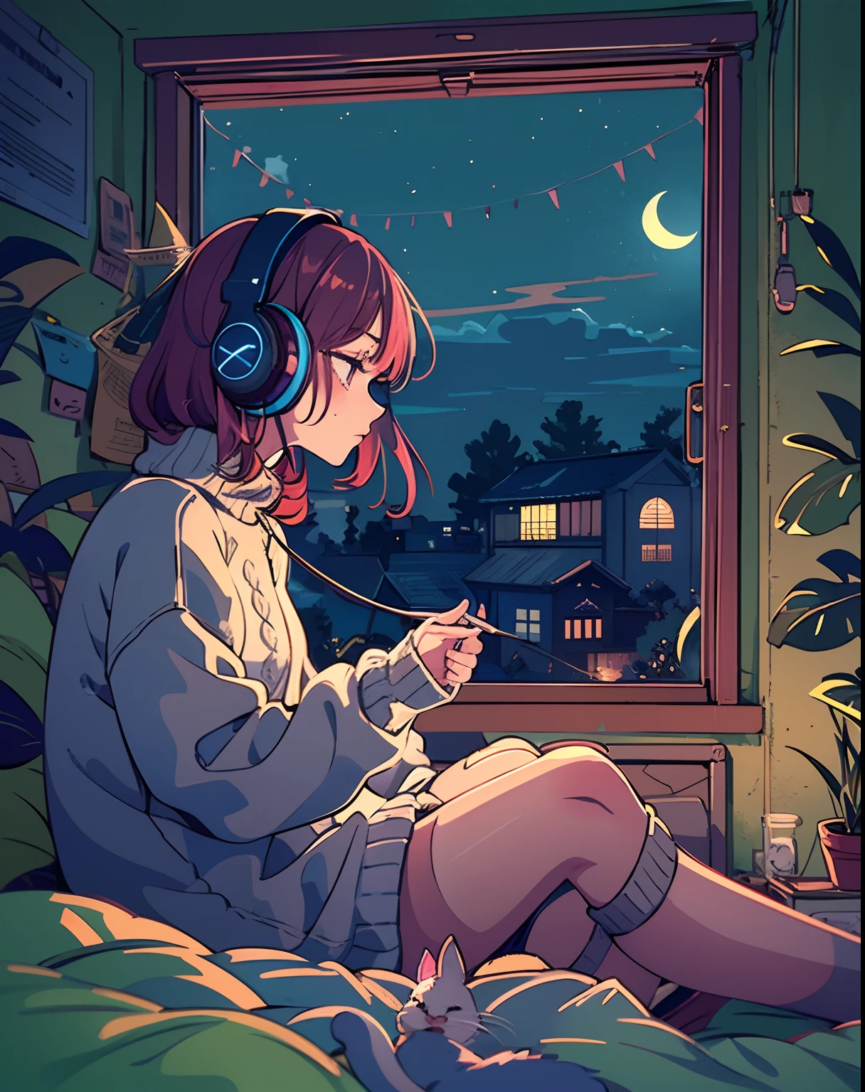 A detailed anime girl, wearing a large sweater, wearing headband headphones, lofi, tranquil, quiet vibes, chilling, in her bedroom looking at the window, night, quiet night, cat, masterpiece, best quality