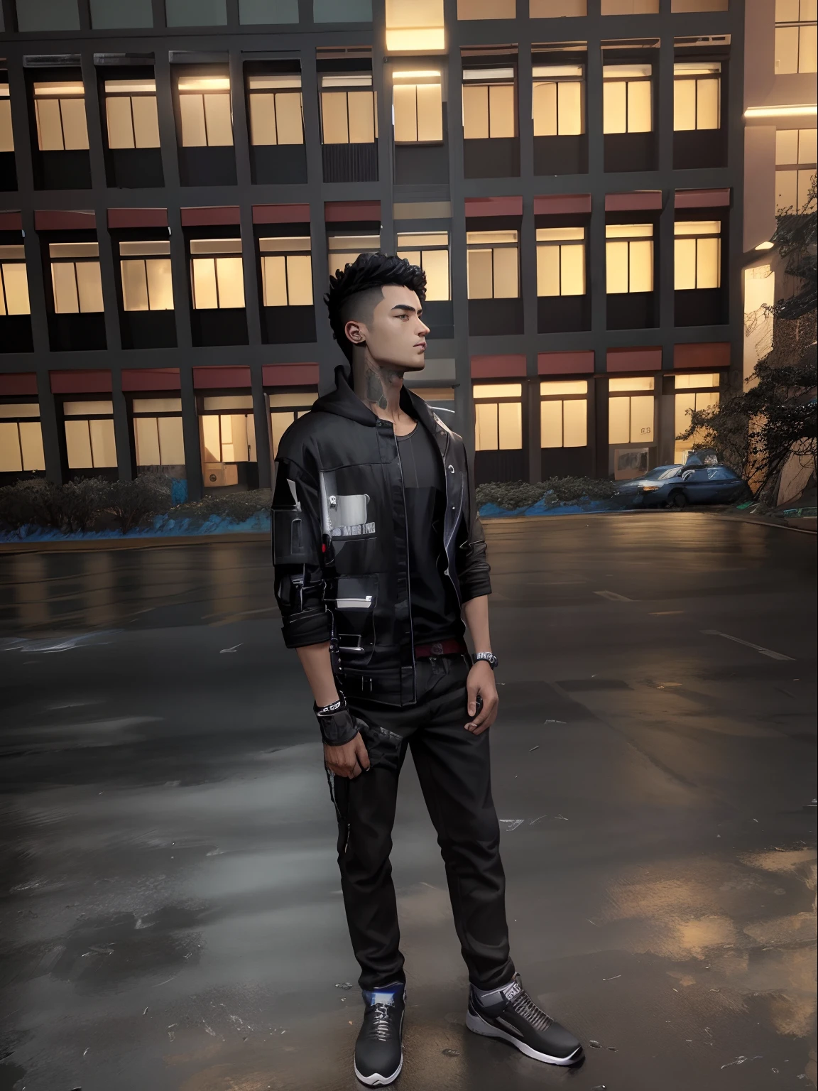 arafed boy in a black jacket and jeans standing on a street, anime style. 8k, hyper-realistic cyberpunk style, realistic anime 3d style, anime style 4 k, cyberpunk anime boy, male cyberpunk anime boy, cyberpunk anime boy in hoodie, in cyberpunk style, cyberpunk style , hyperrealistic, cyberpunk streetwear, cyberpunk vibe