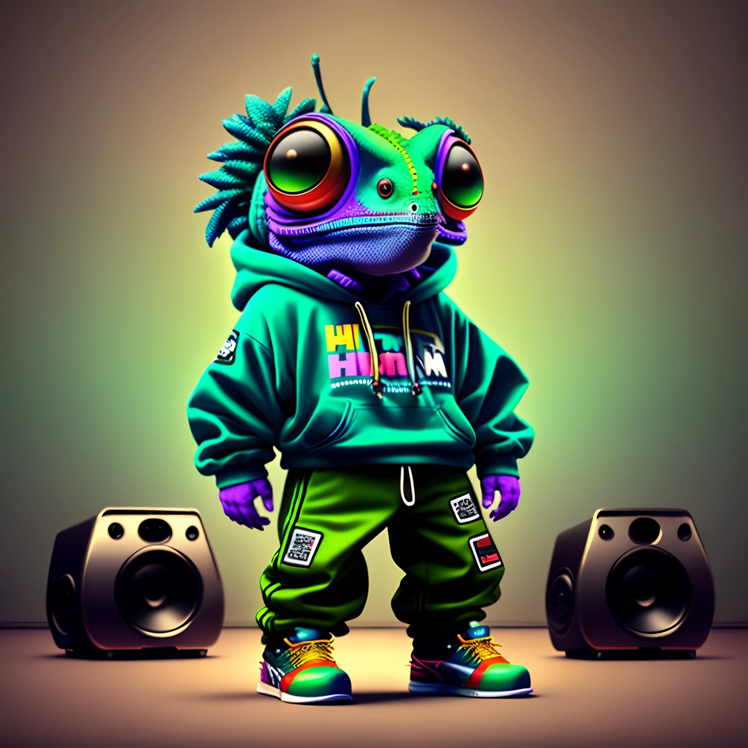 Image of a chameleon standing, wearing hip-hop style clothes, speakers, 90s style