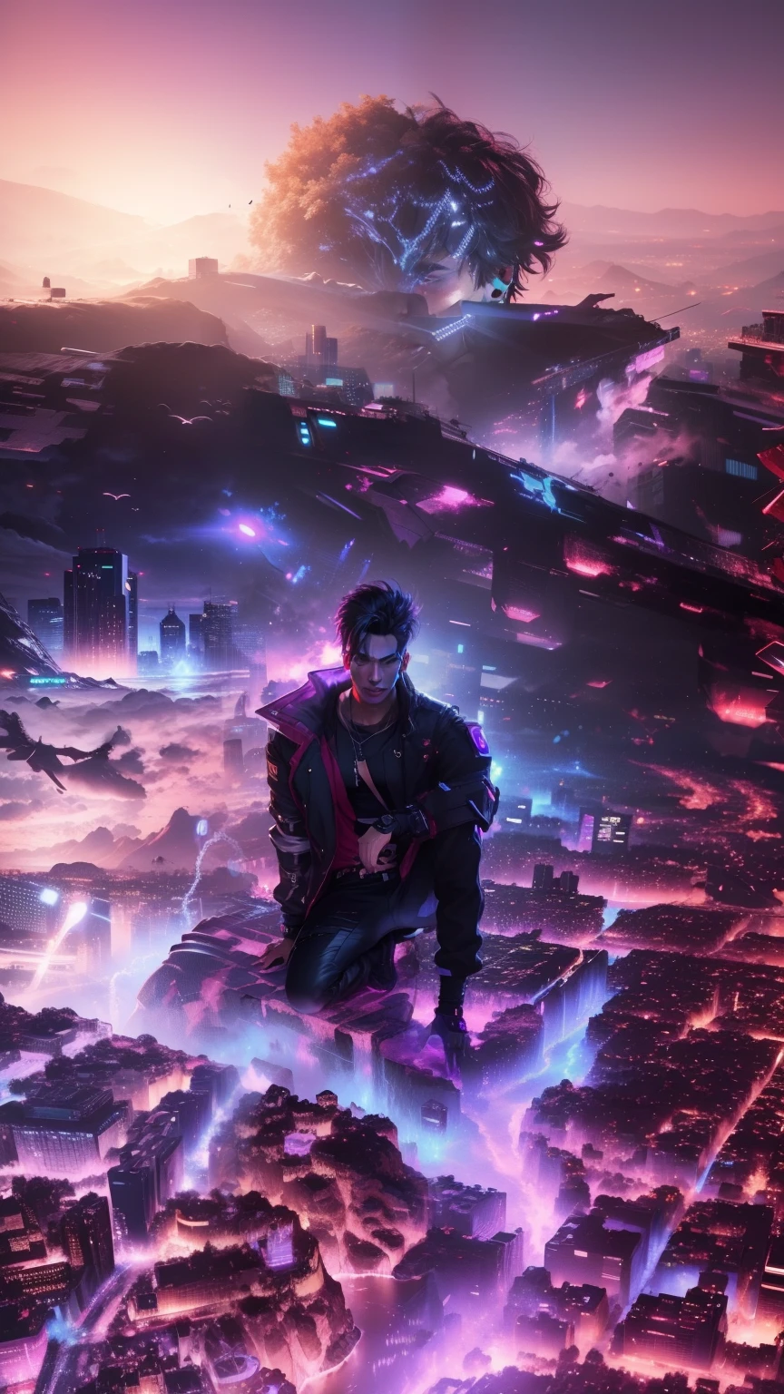 Change background love night cyberpunk handsome boy,realistic face, 8k,ultra realistic