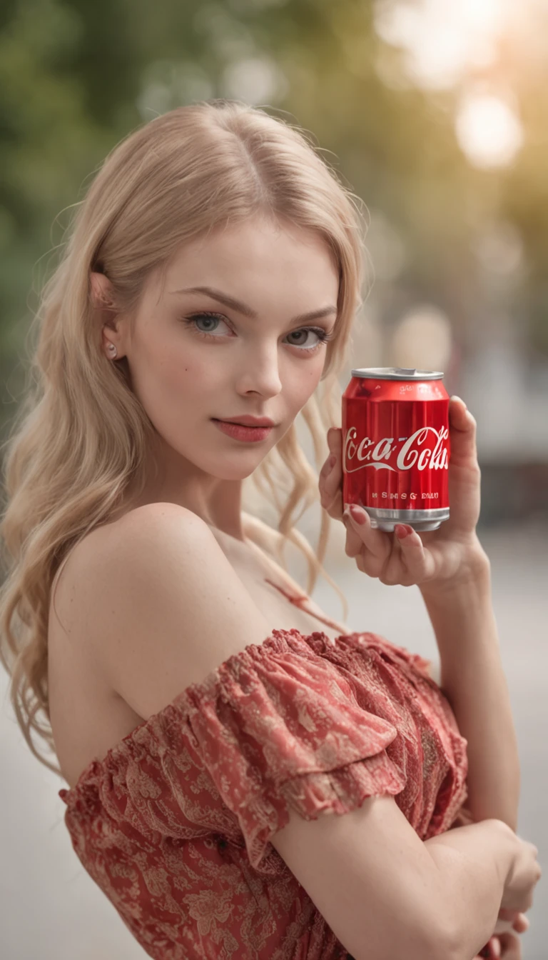 portrait full body, a young blonde woman, 30 years old, perfect eyes, holding a can of coca cola, front view, High definition, vivid colors reflects, sharp focus, insane details, intricate details, contrast, dynamic lighting, hyperdetailed, perfect composition, realistic, 8k