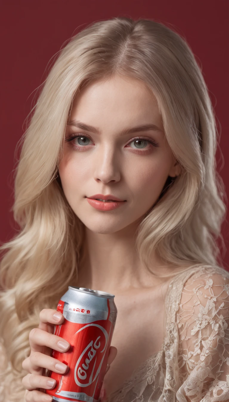 portrait full body, a young blonde woman, 30 years old, perfect eyes, holding a can of coca cola, front view, High definition, vivid colors reflects, sharp focus, insane details, intricate details, contrast, dynamic lighting, hyperdetailed, perfect composition, realistic, 8k