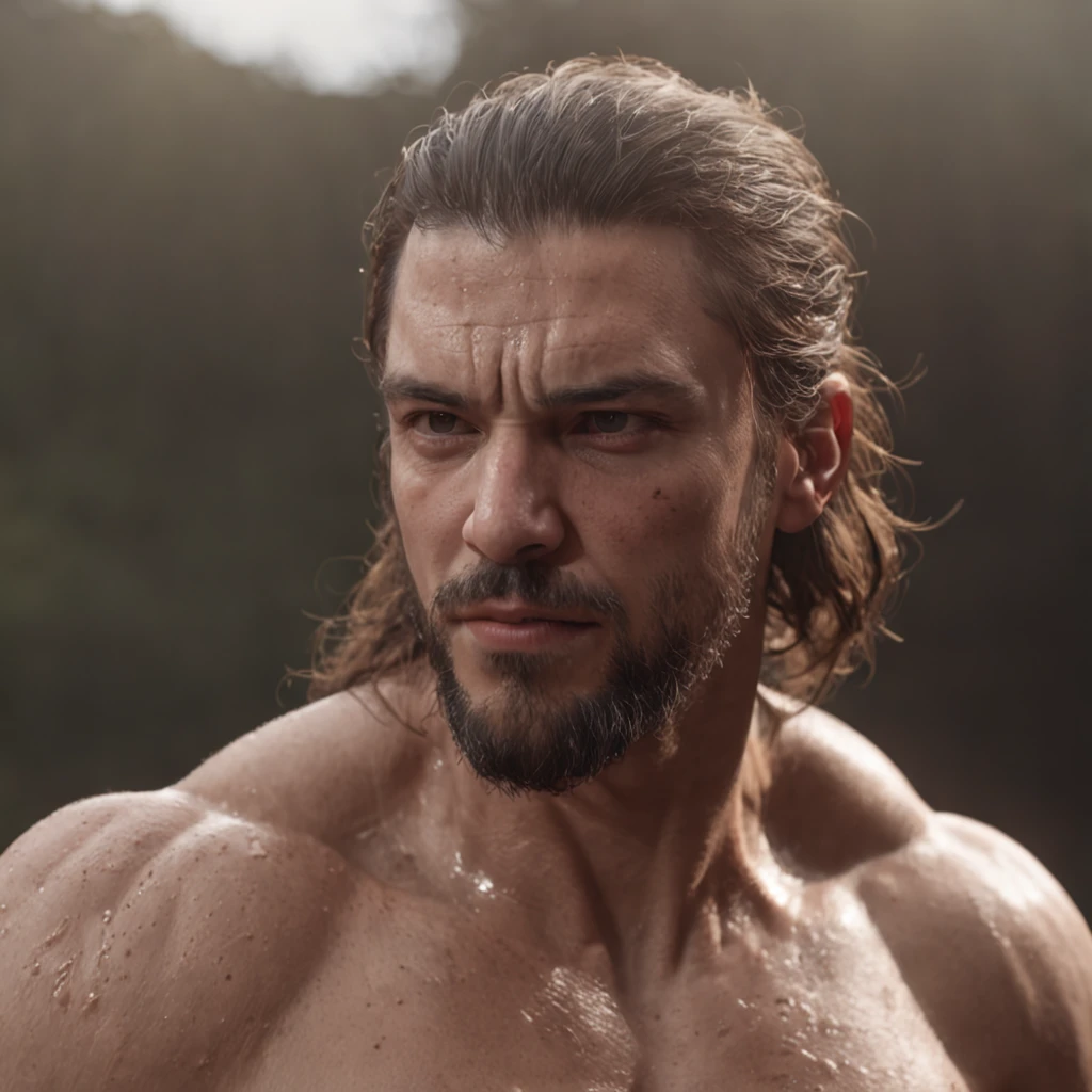 (Professional 3D rendering:1.3) de (Realistic:1.3) Foto de arte mais bonita do mundo，Features soft, bright male heroes, ((Epic hero fantasy rough muscular man wet hero angry look long hair short beard and fierce expression in dynamic pose, fantastic location, majestoso ambiente desordenado)), corpo inteiro 8k unidade render, action shot, poros da pele, very dark lighting, sombreamento pesado, circunstanciado, Rosto detalhado, (vibrante, fotogrdeia realista, Realistic, Dramatic, Escuro, foco nítido, 8k), (Old leather clothes damaged by bad weather:1.4), ((((Use peles)))), (intrincado:1.4), decadente, (altamente detalhado:1.4), pintura digital, rendering by octane, art stations, Conceito-Arte, liso, foco nítido, illustration, germe da arte, (Loish:0.23), Wlop Ilya Kuvshinov, e Greg Rutkowski e Alphonse Mucha Gracias, (global ilumination, studiolight, Light Volumetric), chuva forte, floating particles, patife, fantasia, Onze, corpo inteiroesbian, ((Fundo escuro e antigo da cidade:1.3)),CGSesociedade,art stations