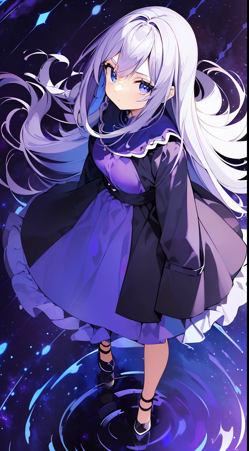 masterpiece,(best quality),(1girl) ,solo,(high contrast:1.2),(high saturation:1.2), ((hands on the pocket)),((black and white sdress)),looking at viewer,((purple and blue theme:1.3)),((purple and blue background:1.5)),white hair,blue eyes,((walking:1.3)),full body,black footwear,((the blue water on ground reflecting the starry sky and nebula and galaxy)),((from above:1.2))