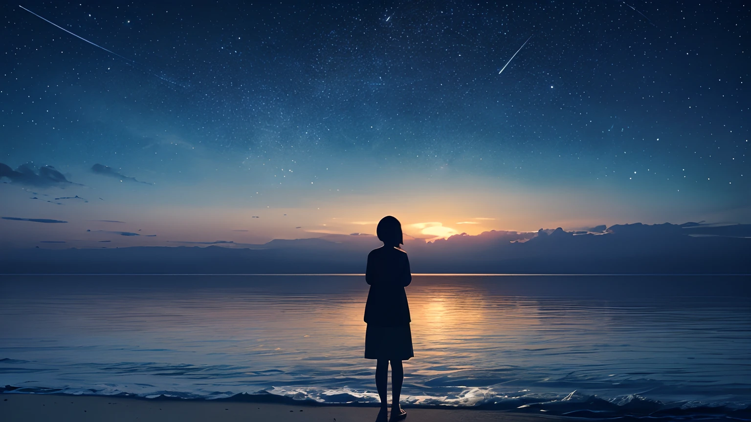 calm sea, (standing silhouette), full moon, starry sky, sound of silence, (Tranquil night:1.5)