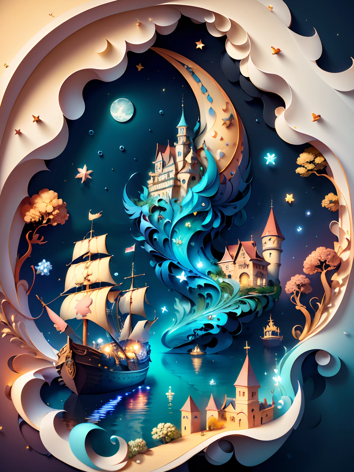 (((masterpiece))),best quality, illustration,  sky, cloud, water, star \(symbol\), tree, no humans, night, bird, moon, building, star \(sky\), night sky, scenery, starry sky, watercraft, castle, ship, waves, tower, boat. vibrant color scheme, Soft light,(warm color:1.2),Water color painting, light background, best quality exquisite details,3d rendering,Octane render, pastel, paper_cut