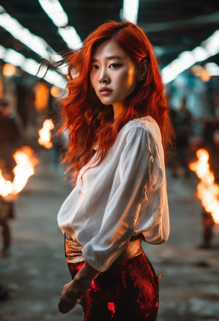 portraiture, Broken glass effect, Vivid yellow flame, Ethereal sparks, Mesmerizing colors, ((Beautiful Korean woman, Clear face)),Strong gaze, Flowing fiery red hair, Dynamic aerial pose, Broken environment, Urban chaos background, cinematic backlighting, Strong contrast, postapocalyptic vibes, 85mm prime lens, Canon EOS R6, Wide aperture, HDR enhancement, 4K 分辨率, Visual storytelling, Emotional intensity, The phoenix appears.(Realistic flamethrower,What a smoke),