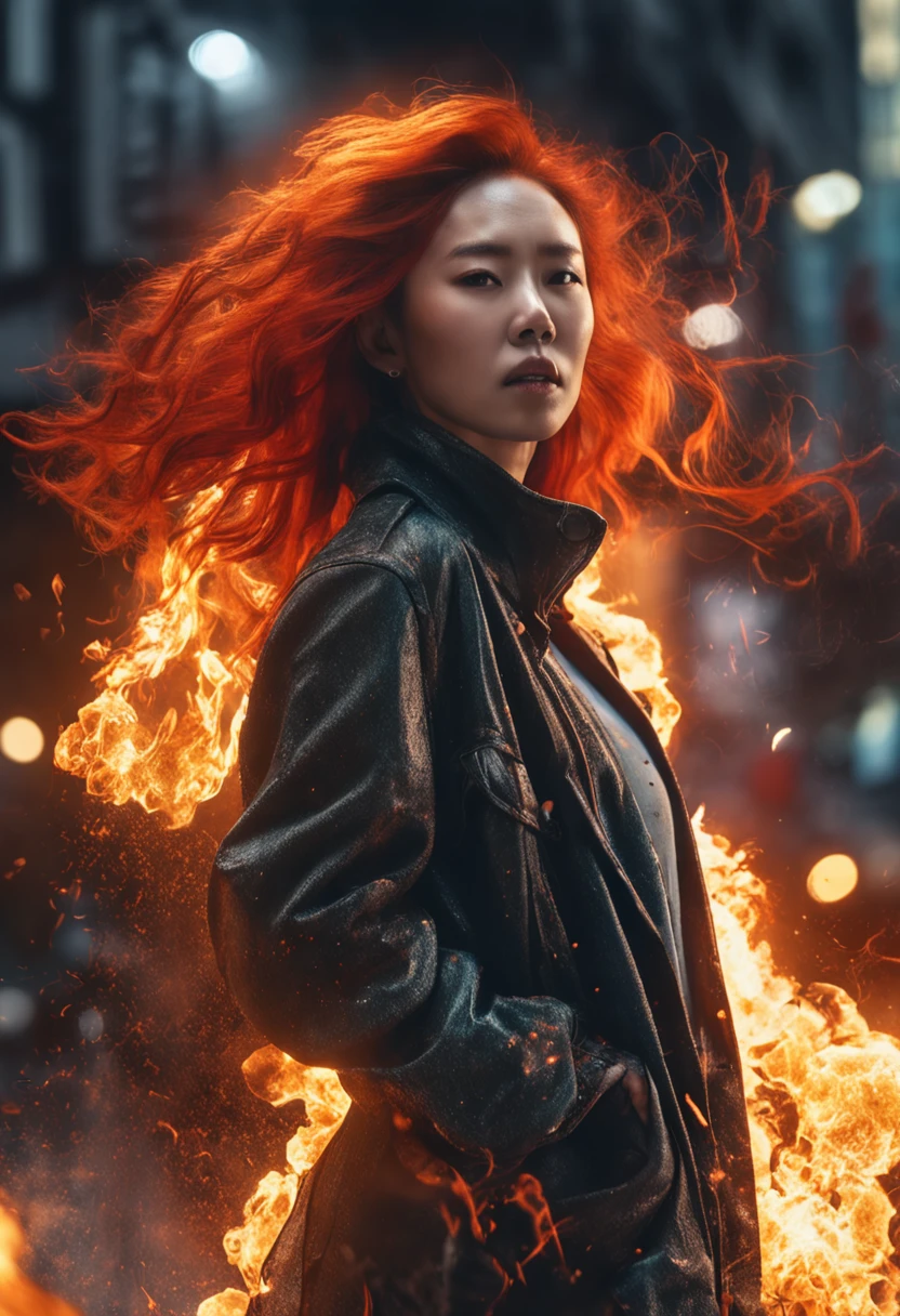 portraiture, Broken glass effect, Vivid yellow flame, Ethereal sparks, Mesmerizing colors, ((Beautiful Korean woman, Clear face)),Strong gaze, Flowing fiery red hair, Dynamic aerial pose, Broken environment, Urban chaos background, cinematic backlighting, Strong contrast, postapocalyptic vibes, 85mm prime lens, Canon EOS R6, Wide aperture, HDR enhancement, 4K 分辨率, Visual storytelling, Emotional intensity, The phoenix appears.(Realistic flamethrower,What a smoke),