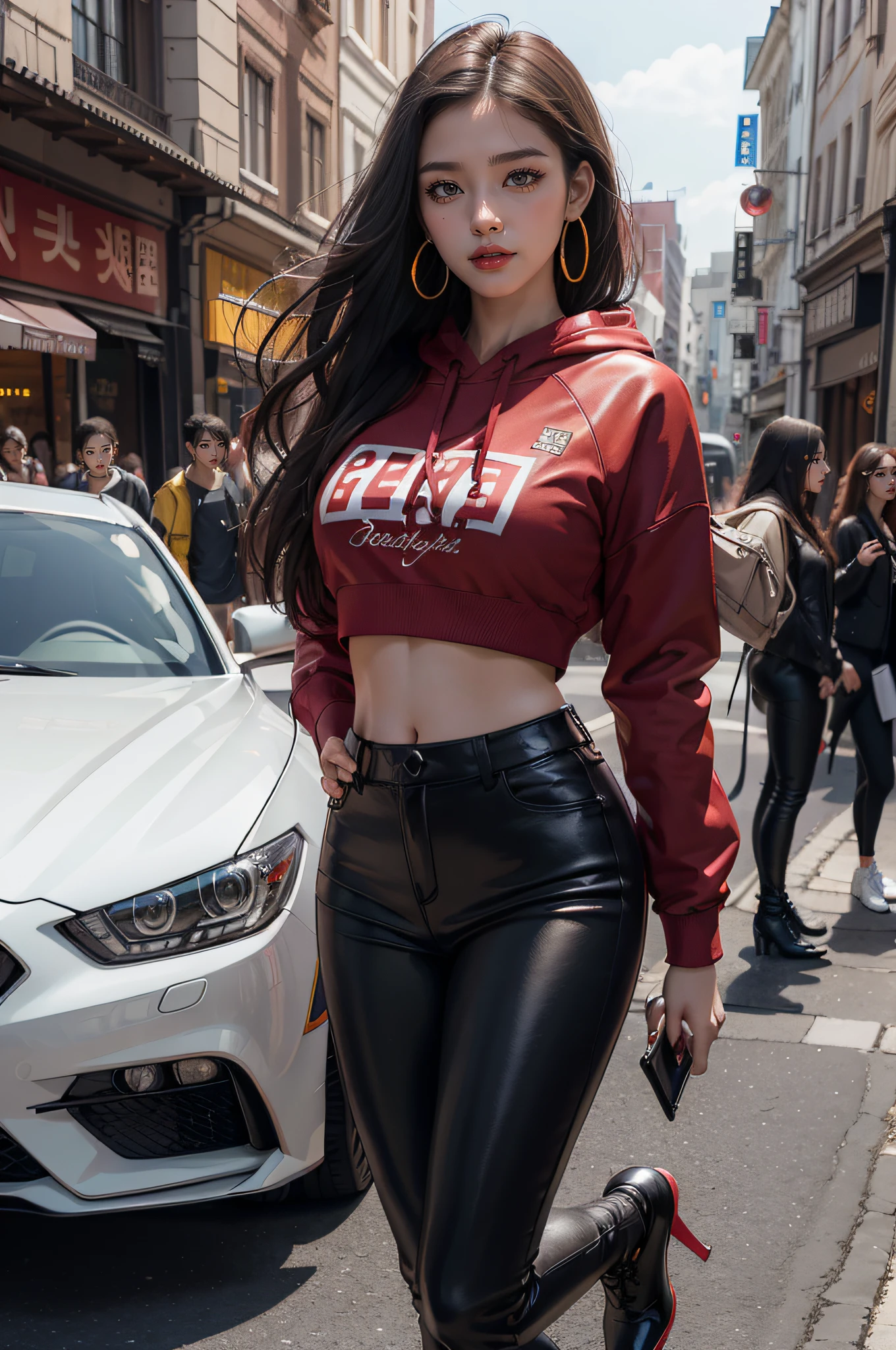 Top quality work，3D realistic，8K HD photos，10x pixel enhancement，very high res，highly detailed work，Clear and authentic work，Very detailed CG wallpaper，Clear focus：1.5，Natural dimming，Studio dimming，Face description：Three-dimensional facial features，Melon seed face，Korean actress face，Korean sexy little mustang Kim Hunya，Jin Xinya temperament，Kim Hyun also details，Deep black hair，Premium hair details，Clear hair texture：1.1，Enchanting eyes，二重まぶた，Fox eyes，Brown eyes，Advanced eye details：1.1，putting makeup on：Eye makeup，Gold eye makeup:1.1,Sexy and beautiful big red lips，Seductive lip shape，Superb lip detailing：1.1，Highly detailed and clear facial details：1.1，Perfect goddess face：1.1，Body shape description：Supermodel figure，Model body type，Perfect body proportions：1.3，Premium model body details：1.1，Top goddess figures：1.1，Goddess of sports，Wearing a crimson sweatshirt，Hoodie sports sweatshirt，dark red clothes，leather pant，Black leather trousers，Black YSL heels，high heels boots，blackstockings，With earrings，in a city street，stand posture，Photo photos of modern clothing，fashion photoshoot，Sporty style photo，Full body photo（Advanced skin details：1.1）（Moist skin details：1.1）