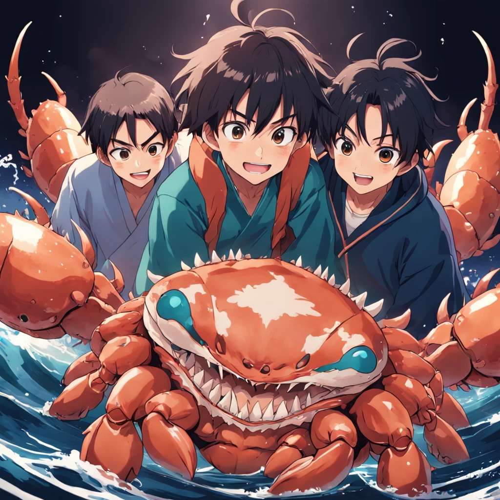5Men in their 0s Asian people 1A smile bigeyes90s style anime retro eating hairy crabs