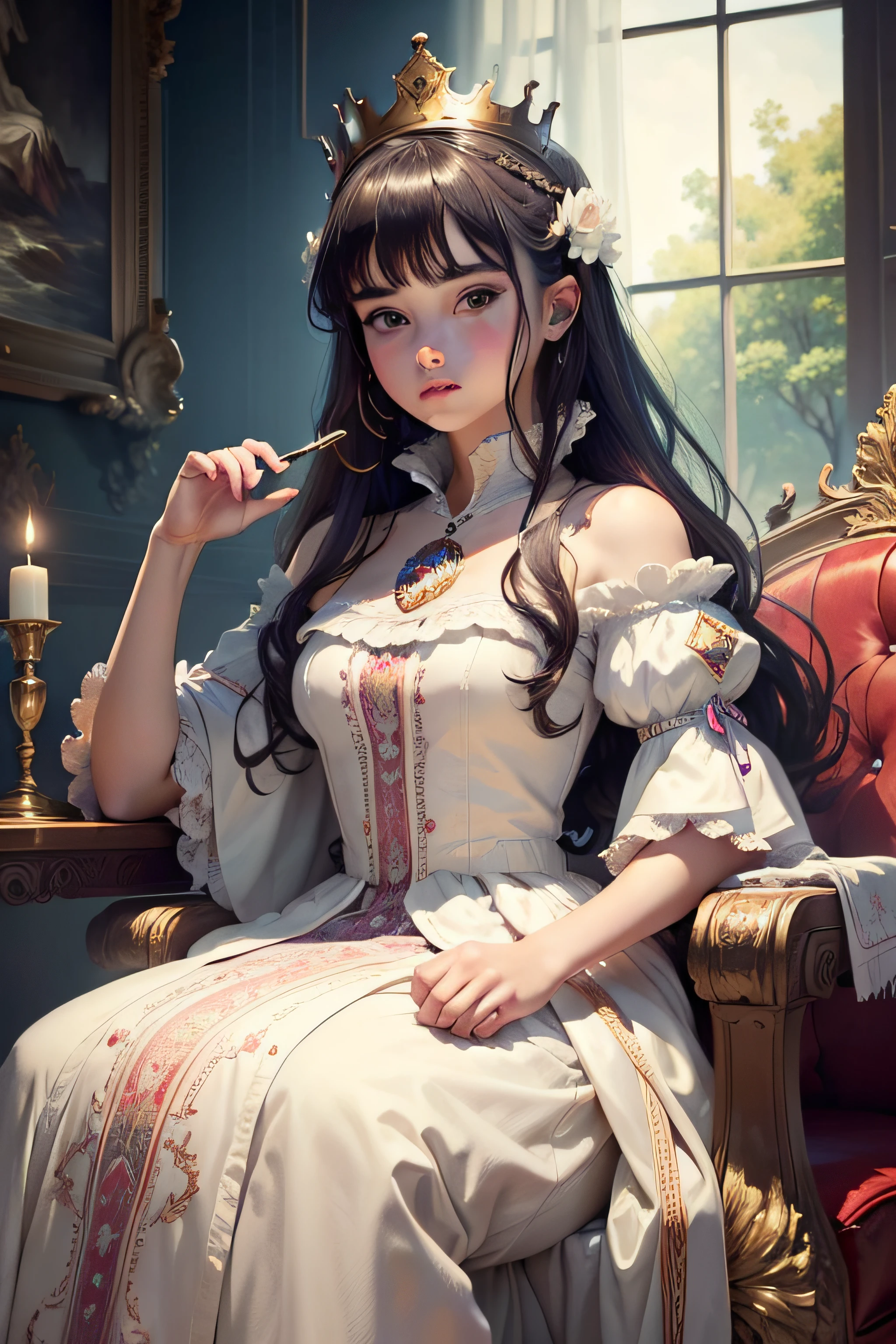 (masterpiece, top quality, best quality, official art, beautiful and aesthetic:1.2), (1girl), extreme detailed, colorful, highest detailed, crown, eagle sitting on princess hand, white dress