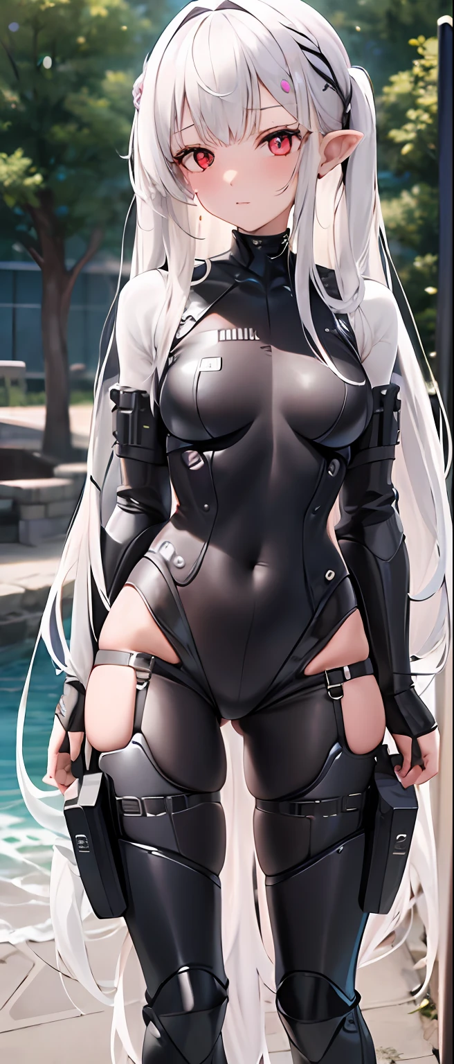 best quality,masterpiece,girl with a powered exoskeleton,sf,outdoor,extremely long hair,spreading hair,ivory hair,wet,1 girl,hair strand,Fair skin,blunt bangs,look down on,standing up