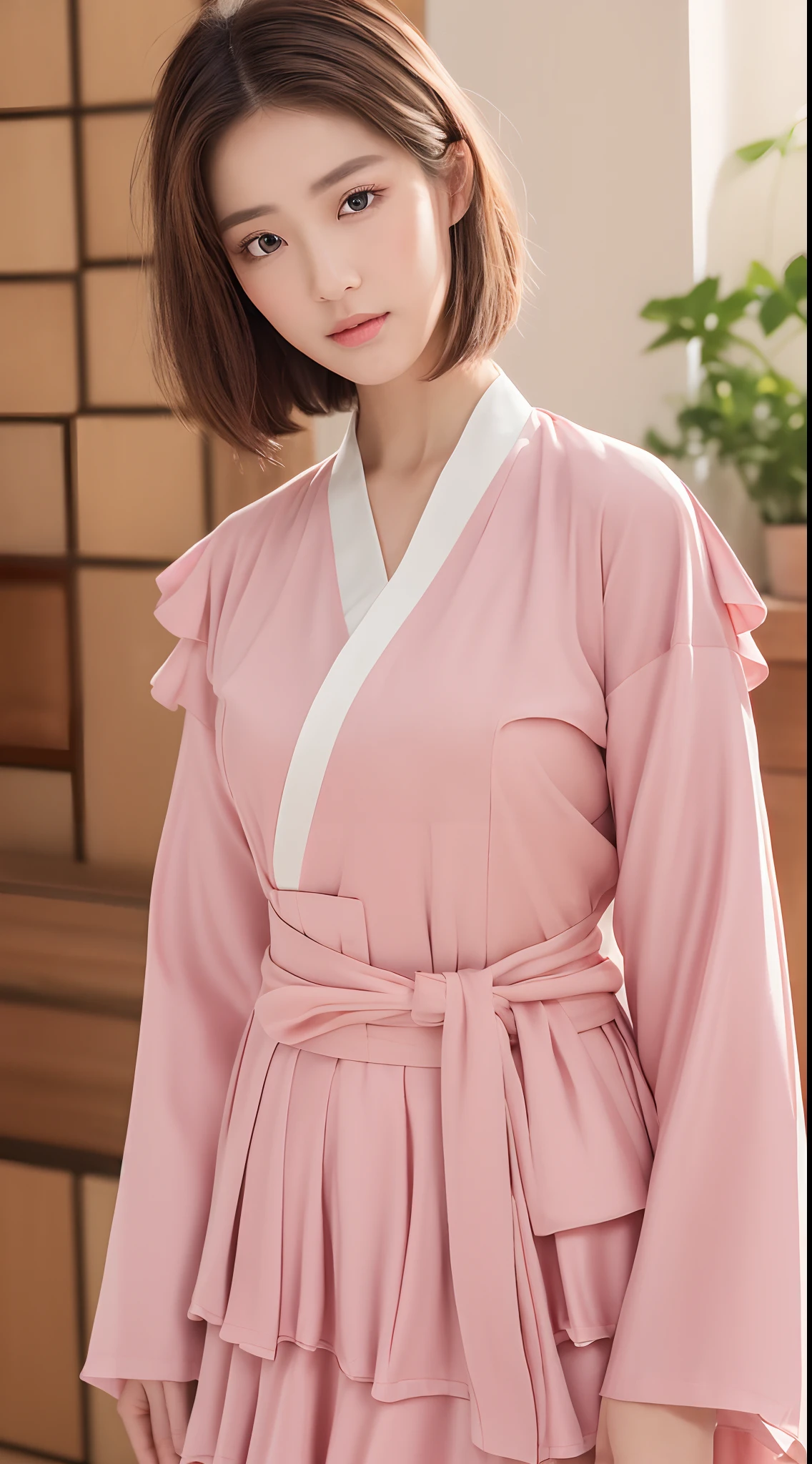 ((Best quality, 8k, Masterpiece :1.3)), Sharp focus :1.2, Perfect Body Beauty:1.4, Slim Abs:1.2, ((Layered Hairstyle:1.2)), (Pink Summer Hanbok: 1.1), (Indoor: 1.2), Highly detailed face and skin texture, Fine eyes, Double eyelids,