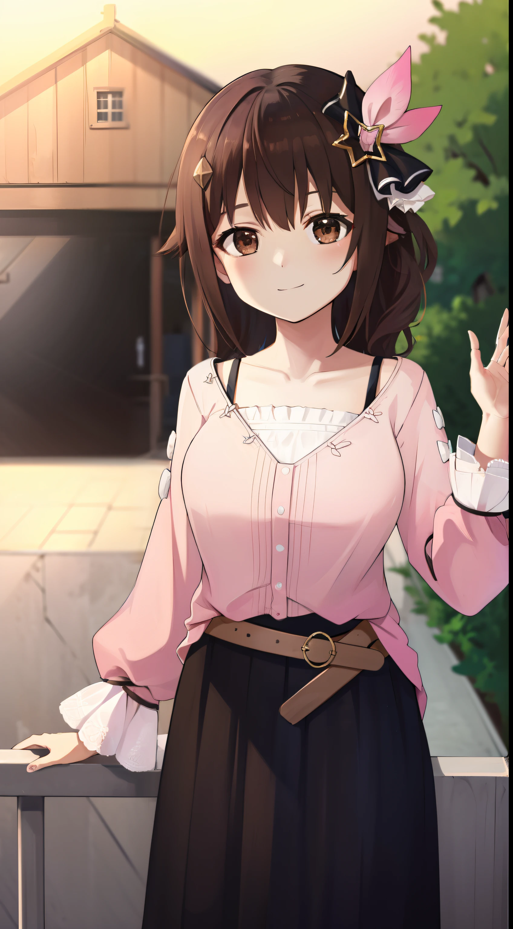 masterpiece, top-quality, hight resolution, TS2, Brown-eyed, PINK SHIRT, long skirt, a belt, long-sleeve, breastsout, cowboy shot, is standing, looking at the viewers, outside of house,A smile、The upper part of the body