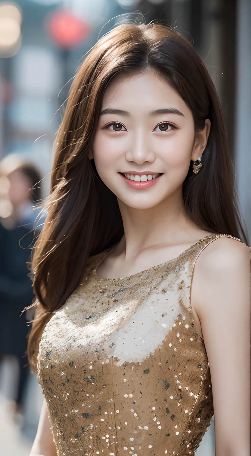 (Highest image quality,8K分辨率,A classic masterpiece),1 Smiling girl,Faraway view,Slim and beautiful face,Charming long black hair,Floral skirt,Fine face in detail,Bright eyes,Standing on the beach,Overlooking the sea。