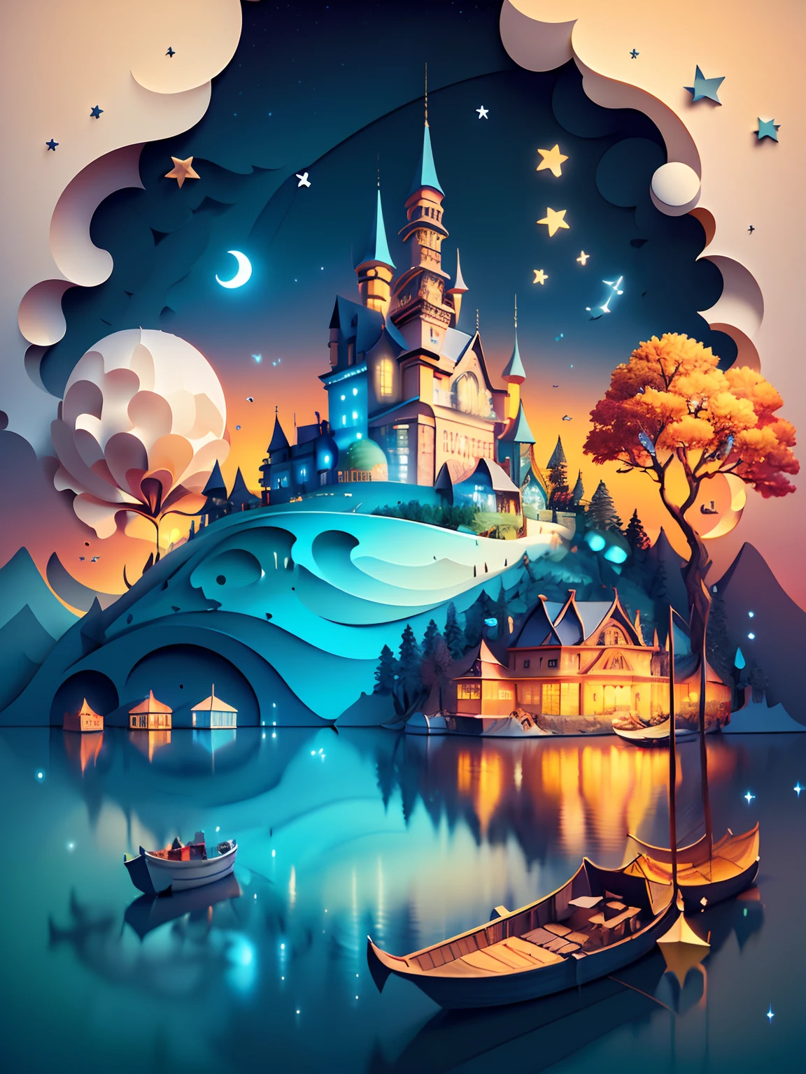 (((masterpiece))),best quality, illustration, sky, cloud, water, star \(symbol\), tree, no humans, night, bird, moon, building, star \(sky\), night sky, scenery, starry sky, watercraft, castle, ship, waves, tower, boat. vibrant color scheme, Soft light,(warm color:1.2),Water color painting, light background, best quality exquisite details,3d rendering,Octane render, pastel, paper_cut
