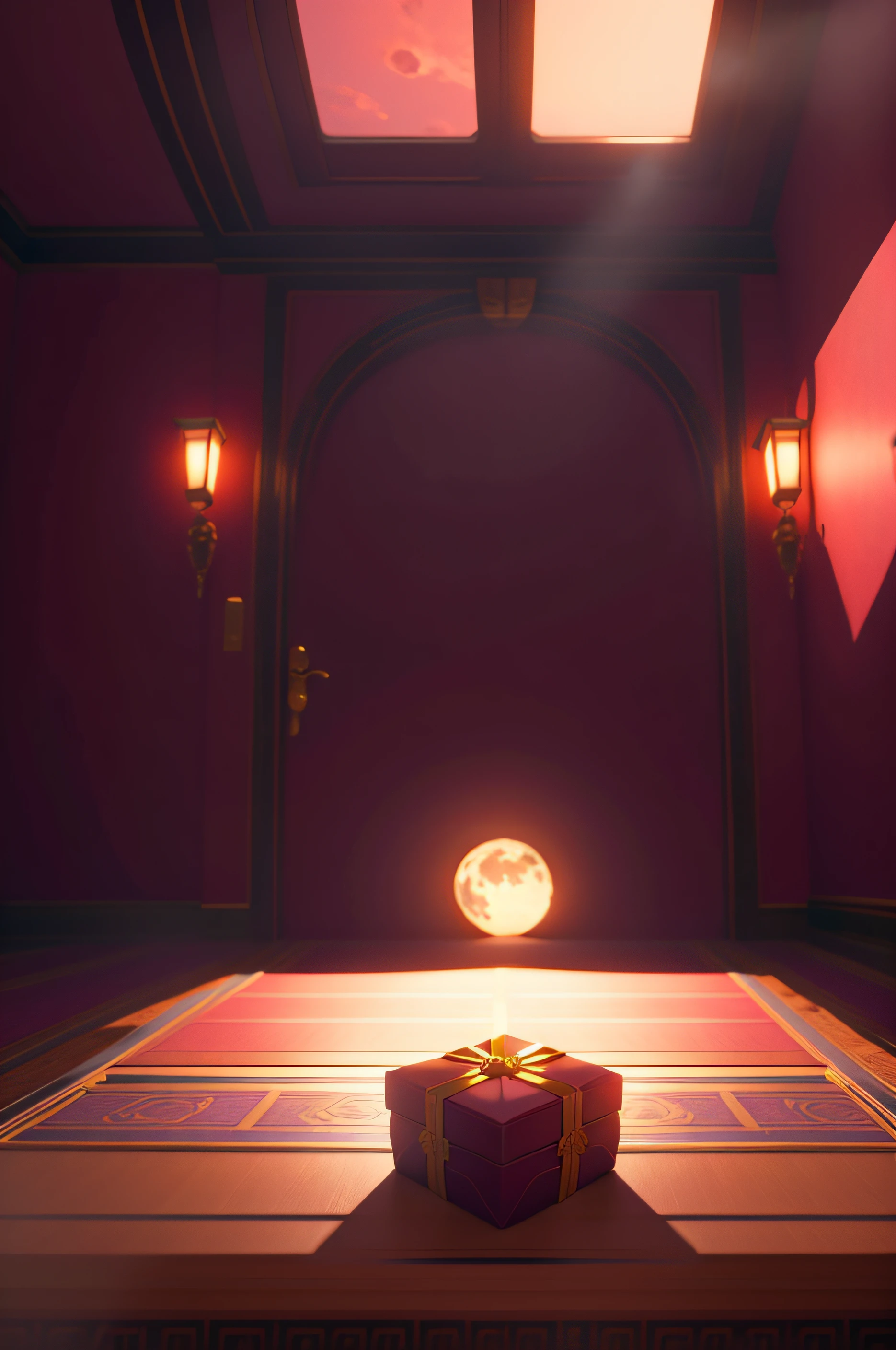 Iron box、gift boxes、Moon cake,In a classic room,On the gift shelf in the room,Warm pink background,There is a gorgeous sky outside the room、Small fresh epitome,Lovely isometric view,Dynamic light effects,Futuristic incredible detail,Cinematic lighting,Unbelievably real,classical,first person perspective