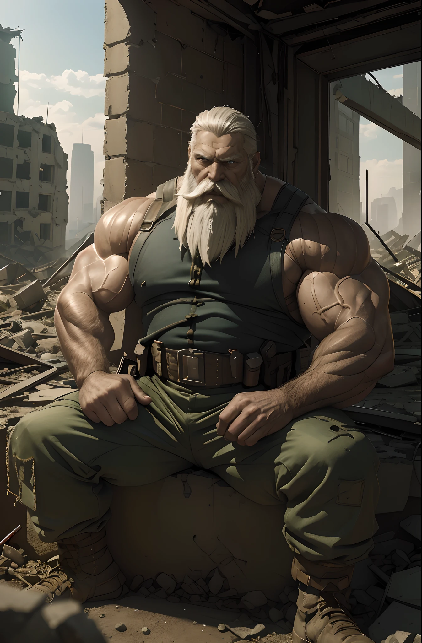 long bearded muscular old man, focus, sharp eyes, gaze