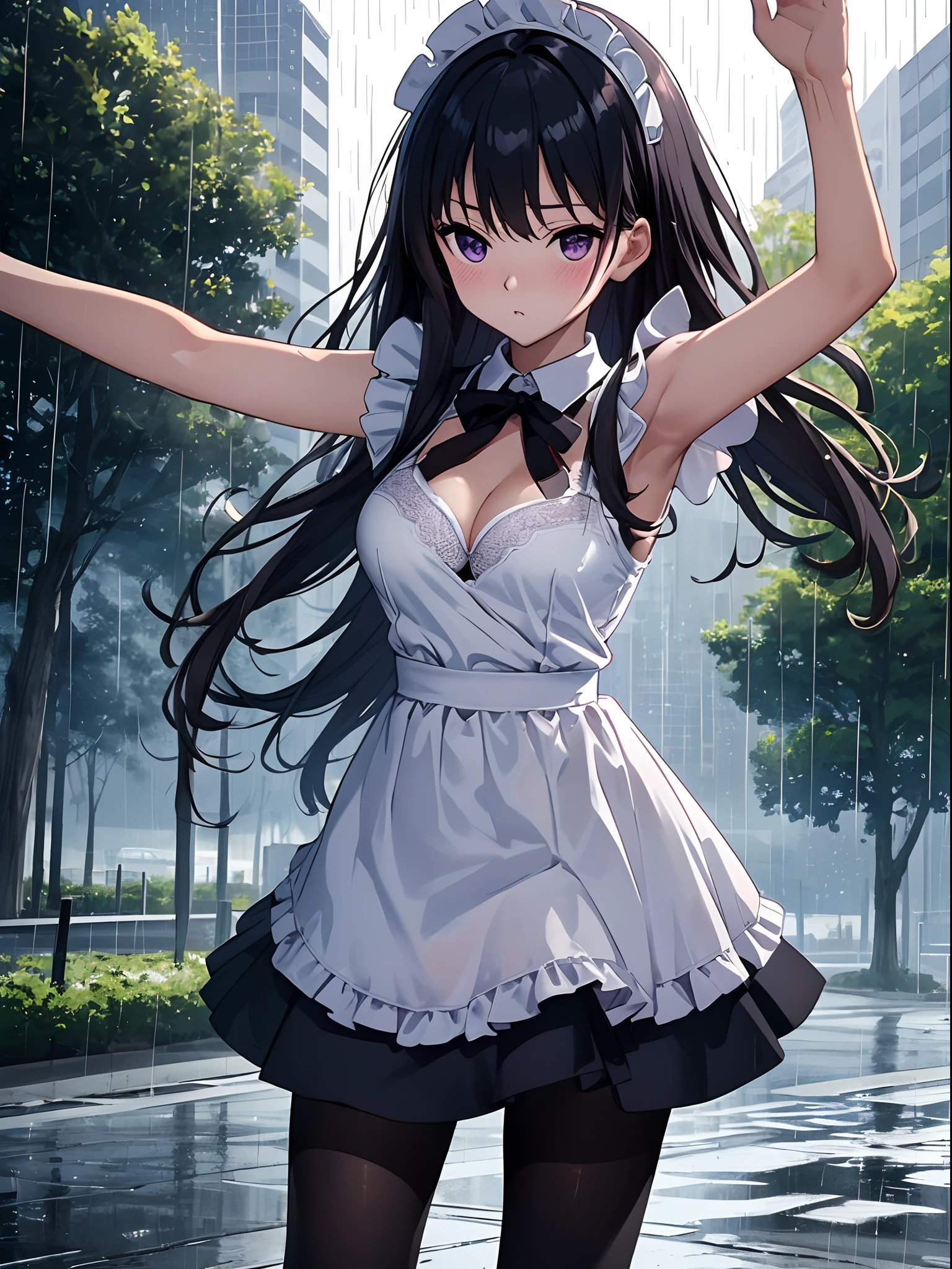 (R Solo:1.3)、(masterpiece)、((best qualtiy))、((ultra-detailliert))、(a high chroma)、(CG Illustration)、highcontrast、low angles、red blush、(Licory Recoil:1.3)、((Takina Inoue))、((maid clothes))、White bra、White panties、(Thick black tights)、(Purple anime-style eyes)、Delicate beautiful face、((teats)) 、(B cup breasts)、The best lighting、((turned around))、(Doing Tai Chi in a rainy park)