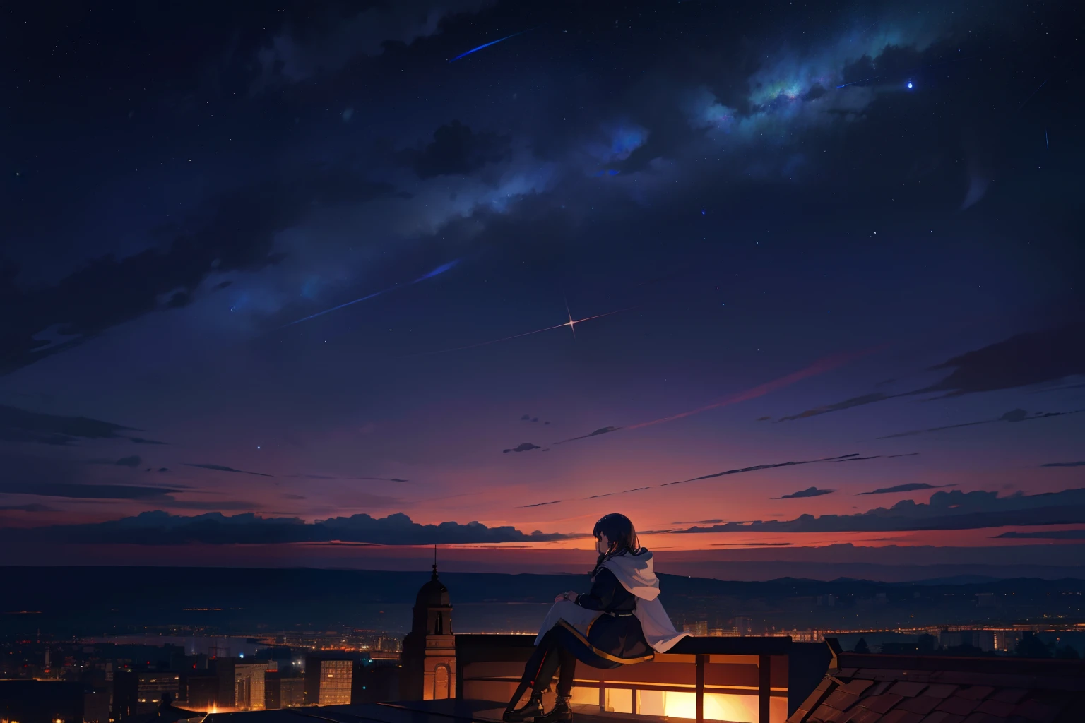 8K, Super detail, ccurate, Best quality, Masterpiece, Super detail, High details, High quality, Best quality, A high resolution，1 Outdoor girls， deep in the night， starrysky， in a panoramic view， scenecy， horizon， the roof， sitting on rooftop， ventania