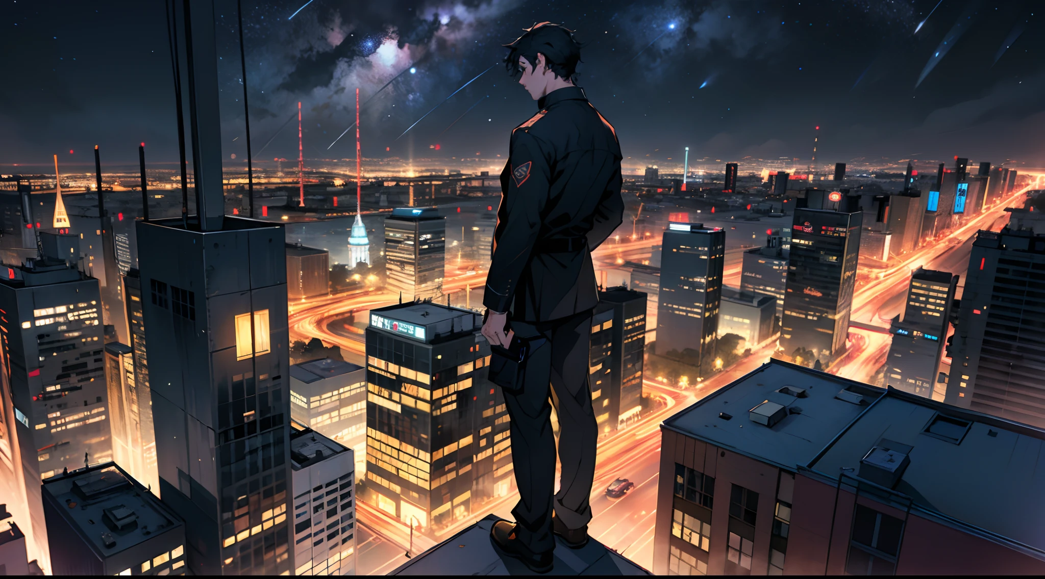 A man stands on top of a tall building，Night view overlooking the city