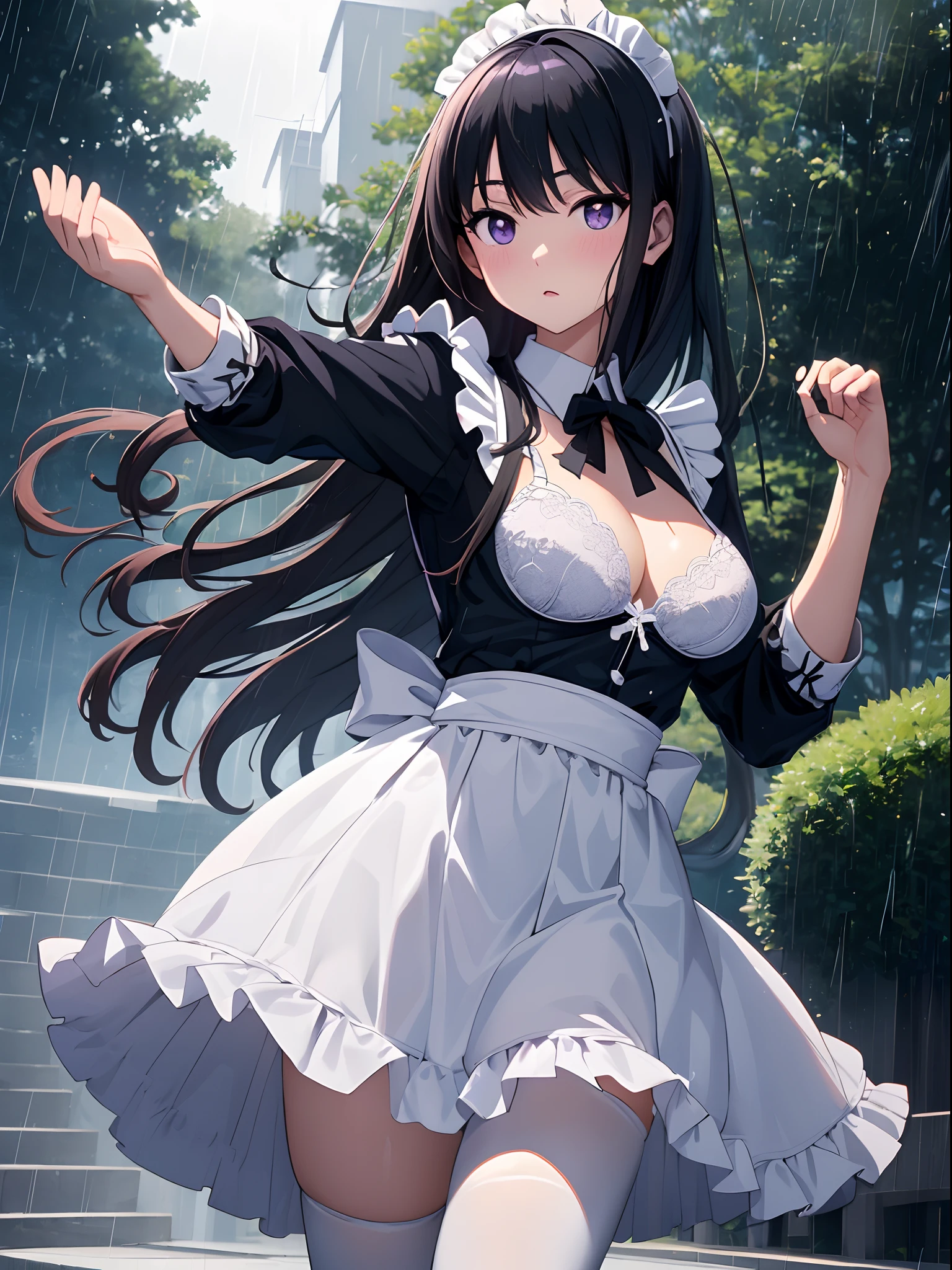 (R Solo:1.3)、(masterpiece)、((best qualtiy))、((ultra-detailliert))、(a high chroma)、(CG Illustration)、highcontrast、low angles、red blush、(Licory Recoil:1.3)、((Takina Inoue))、((maid clothes))、White bra、White panties、(Thick black tights)、(Purple anime-style eyes)、Delicate beautiful face、((teats)) 、(B cup breasts)、The best lighting、((turned around))、(Doing Tai Chi in a rainy park)