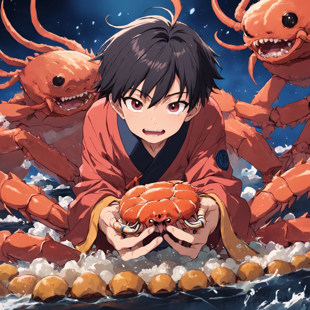 ５1 male in his 0s　Asians eat hairy crabs １A smile　bigeyes９0s style anime retro