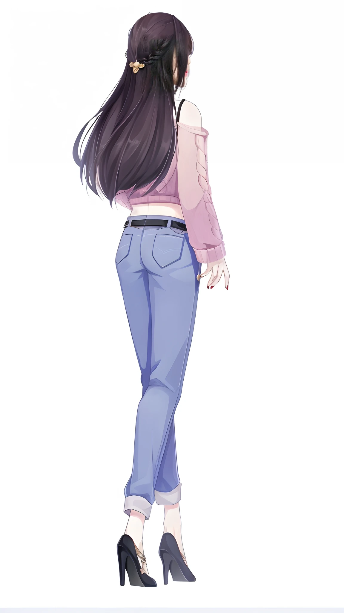 a cartoon girl with a purple shirt and pink pants, ( ( ( wearing jeans ) ) ), wearing tight simple clothes, hand on hips, full body details, thin-waist, full body portrait of a short!, skinny waist and thick hips, middle shot waist up, close up to a skinny, full body close-up shot, inverted triangle body type, thigh gap