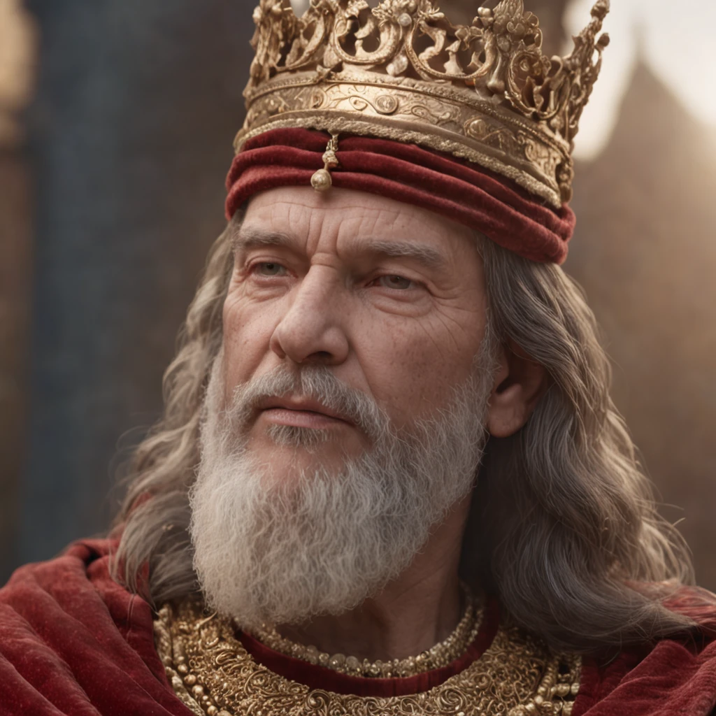 (Professional 3D rendering:1.3) de (Realistic:1.3) Foto de arte mais bonita do mundo,Features soft, bright male heroes, ( King Solomon's age of 50 years, shorter red hair and, King Solomon's with A LOW CROWN in his forehead maximize hair and crown detail, gold and glory IN YOUR CLOTHES, and his with a heartwarming expression that demonstrates wisdom.), Metade do corpo 8k unidade render, poros da pele, very dark lighting, sombreamento pesado, circunstanciado, Rosto detalhado, (vibrante, fotografia realista, Realistic, Dramatic, Escuro, foco nítido, 8k), (Old leather clothes damaged by bad weather:1.4), ((((Use peles)))), (intrincado:1.4), decadente, (altamente detalhado:1.4), pintura digital, rendering by octane, art stations,