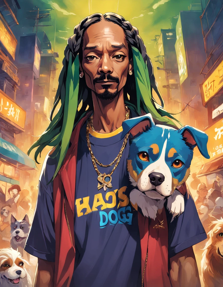 c4tt4stic, one dog, Snoop Dogg Rasta, bicho, em pleno crescimento (extremamente detalhado CG unidade 8k papel de parede, melhor qualidade, imagem ultra-detalhada, Excellent illustration, extremamente gracioso e bonito, high resolution, dynamic viewing angle, Dynamic Stance, olhos azuis, (cabelos multicoloridos + cabelos prateados: 1.3 + cabelos ruivos 1.2 + cabelo roxo + cabelos amarelos: 1.3 + cabelos verdes), "