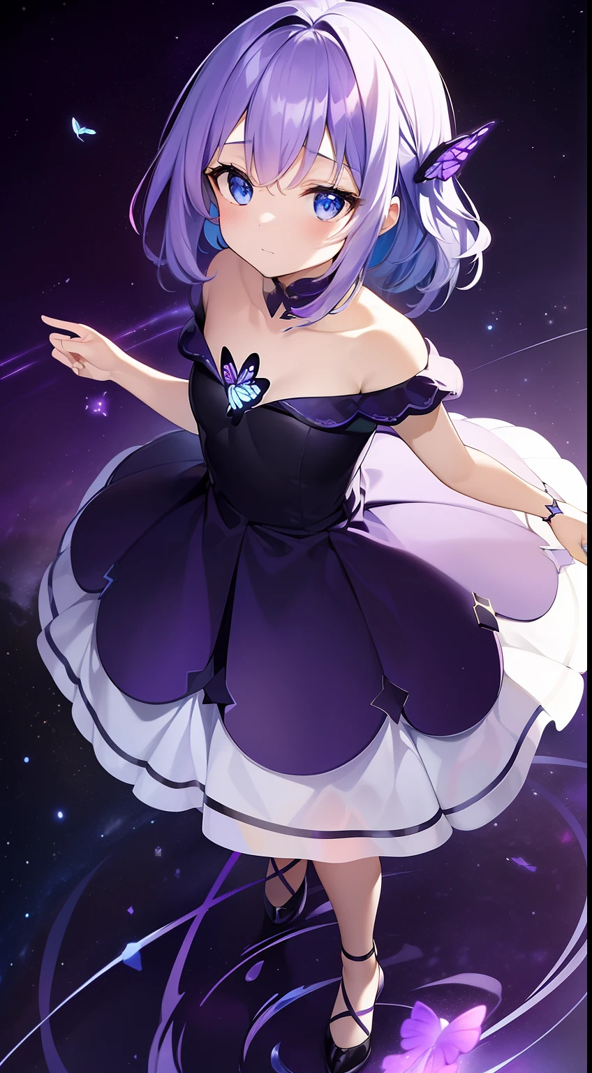 masterpiece,(top-quality),(1girl in) ,独奏,(highly contrast:1.2),(a high chroma:1.2), ((Black and white dress)),looking at viewerer,((Purple and Blue theme:1.3)),((Purple and blue background:1.5)),White hair,blue eyess,((Walk:1.3)),full body Esbian,Black footwear,((Blue water on the ground reflecting the starry sky, Nebulae and galaxies)),((From above:1.2))、Little butterfly flying around
Coming soon