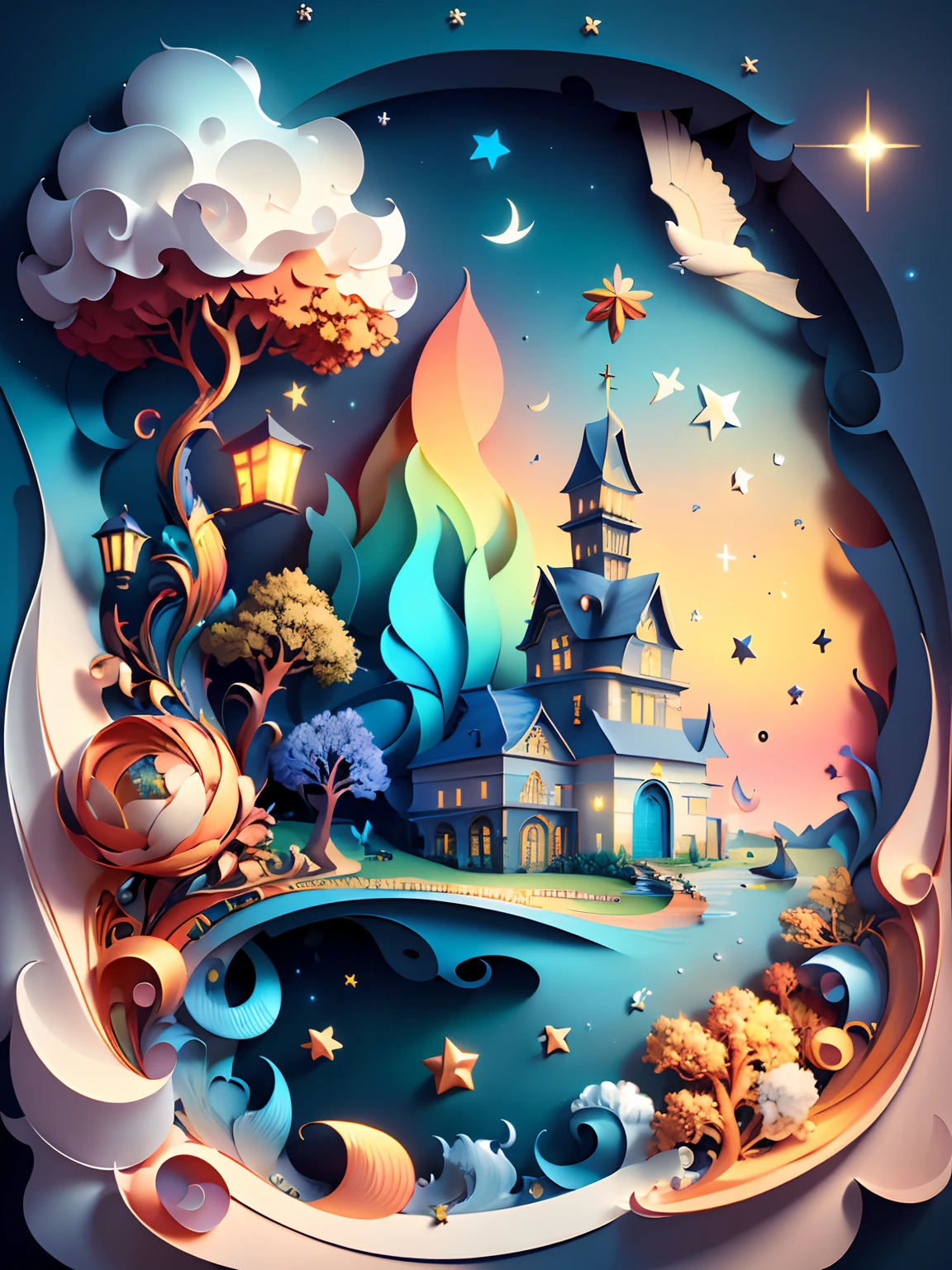 (((masterpiece))),best quality, illustration, sky, cloud, water, star \(symbol\), tree, no humans, night, bird, moon, building, star \(sky\), night sky, scenery, starry sky, watercraft, castle, ship, waves, tower, boat. vibrant color scheme, Soft light,(warm color:1.2),Water color painting, light background, best quality exquisite details,3d rendering,Octane render, pastel, paper_cut