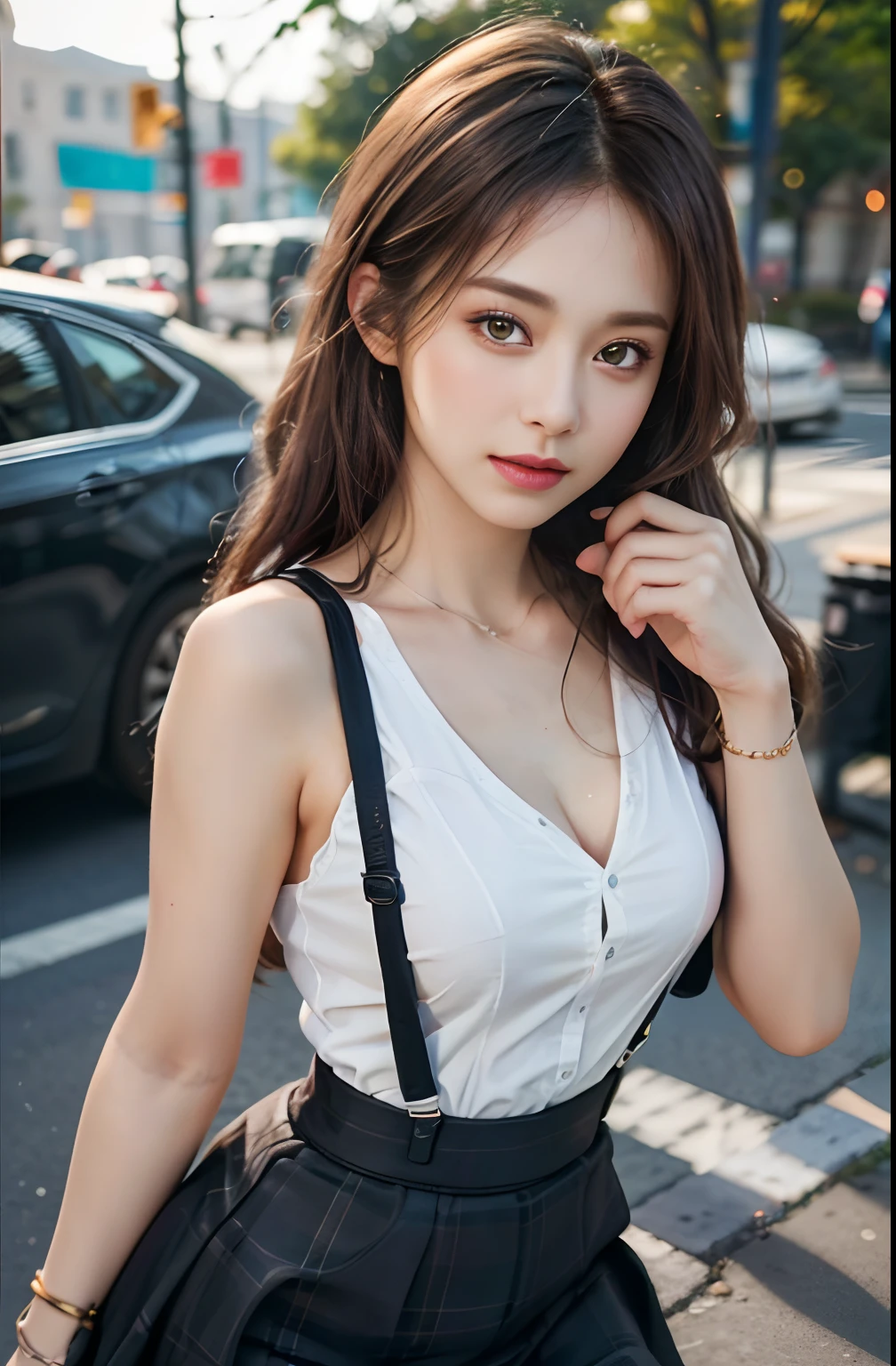 best quality, masterpiece, 1 girl, beautiful face, (photo photo:1.3), edge lighting, (high detail skin:1.2), 8k ultra hd, dslr camera, high quality, high resolution, 4k, 8k, bokeh, ridiculous, best ratio four fingers and one thumb, (realistic:1.3), cute 1girl, wearing black suspenders, medium breasts, short skirt,