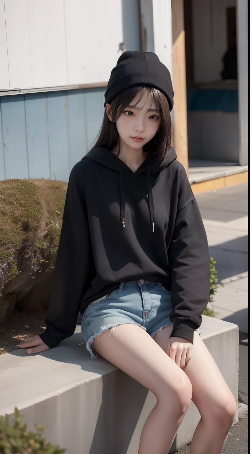 (masterpiece), (photorealistic),(ultra-detailed), very pretty one korean young woman about 23 years old barely sitting up on a bench,has not eaten for 2 months, about to die of starvation,extremely slim, extremely weak,tall,short head, long legs, barely have strength,exhausted,so feeble and extremely  thin and extremely weak that  just thin bones, slightly smiling, small head,extremely skinny, big eyes,clean skin, wearing  short and crop hoodie not covering the abdomen but hat taken off, long hair,bony, wearing very short shorts, clothes baggy because she is slim, generate entire body, extremely feeble and slim but tall and long body, so thin that almost thin as a skeleton,extremely slim legs, extremely slim arms, very hungry, not having much strength, barely having the strength to not faint, feeble head,extremely feeble body, extremely thin legs,,extremely slim and extremely thin thighs,very extremely thin body,wearing shorts, wearing sneakers, tall, long body,eagerly using all strength not to faint,pleading for food,slightly smiling,haggard,so feeble and thin that have almost no fat,extremely hungry,want to eat anything because she is so hungry,severely hungry,slightly smiling,one hand on stomach part of hoodie,barely enduring extreme hunger,barely resisting the extreme urge to eat everything,hardly trying to endure extreme hunger,full body,smiling friendly