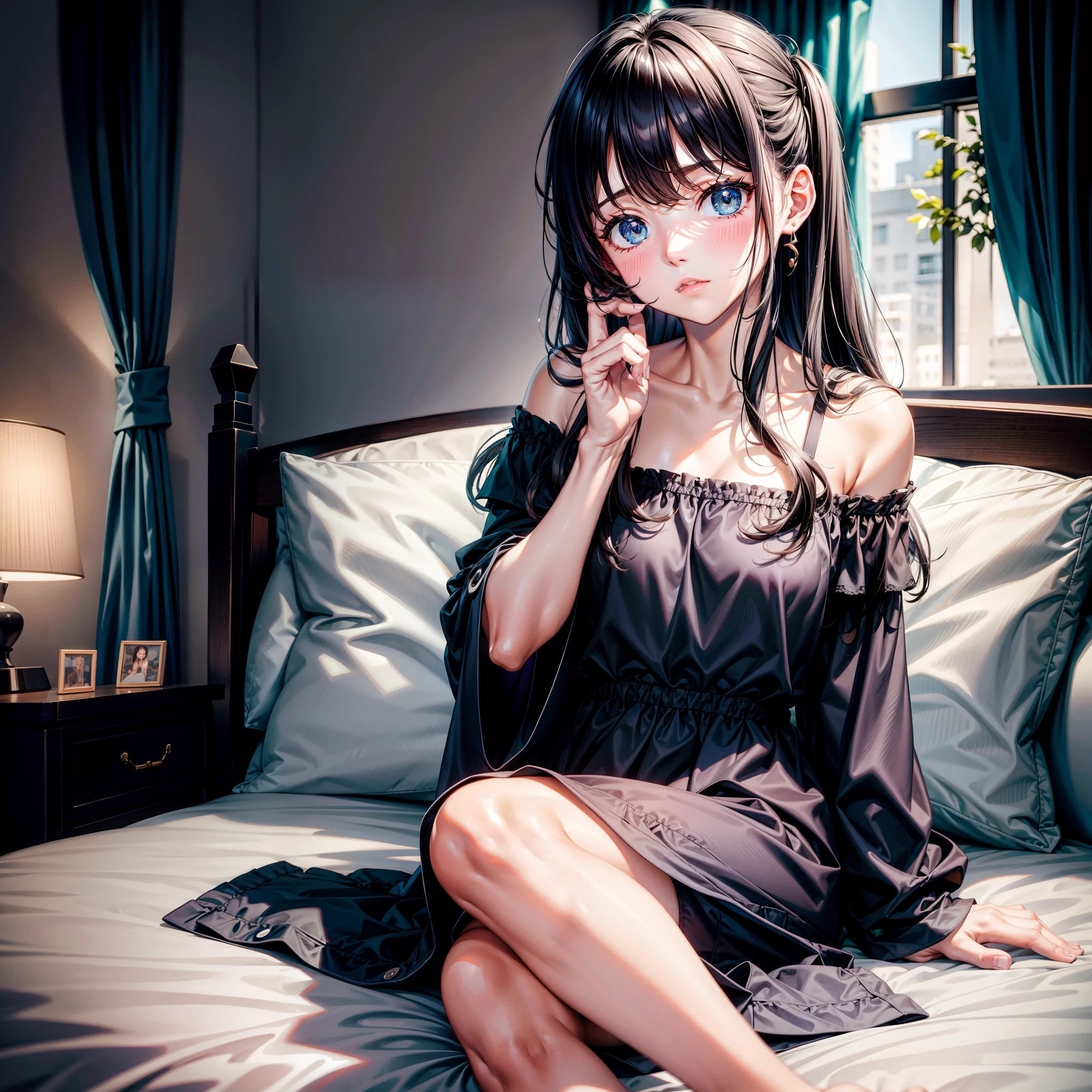 1girll,Black off-the-shoulder pajamas,inside bedroom,sit on chair,