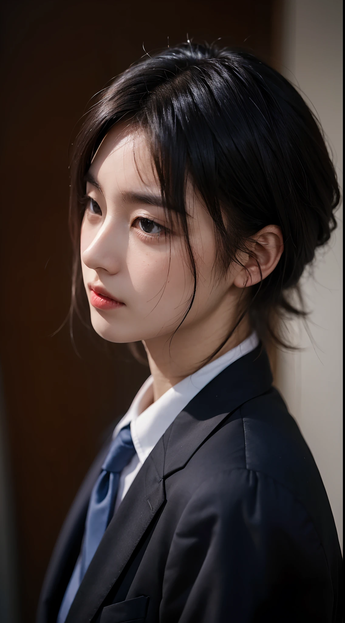 of a guy,25-year-old male,Side face,Short, gray and loose hair,Delicate face,wearing black suits,Indifferent eyes