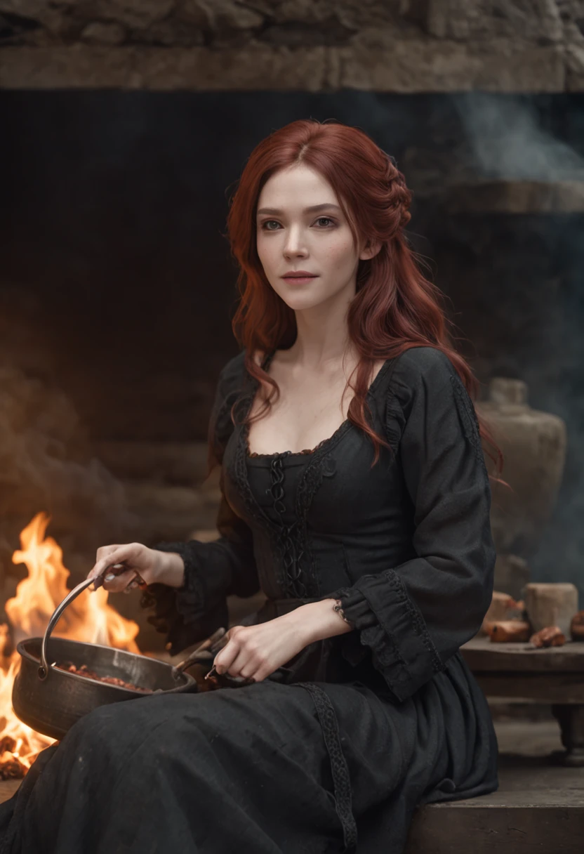 high details, best quality, 16k, RAW, [best detailed], masterpiece, best quality, (extremely detailed), full body (best details, Masterpiece, best quality), , ultra wide shot, photorealistic, fantasy art, RPG art, D&D art, a picture of a woman, witch brweing dark matter over big cauldron in the fire place, middle aged woman  (best details, Masterpiece, best quality), exquisite beautiful woman (best details, Masterpiece, best quality), ultra detailed face (best details, Masterpiece, best quality), evil grin, red hair, long hair, wavy hair, dynamic eye color, pale skin, black dress (best details, Masterpiece, best quality), wearing black boots, large boilng cauldron, black cauldron, blut mists, blue magic coming from cauldron, GlowingRunes_palebluea stove, middles ages house background, dim fire light, High Detail, Ultra High Quality, High Resolution, 16K Resolution, Ultra HD Pictures, 3D rendering Ultra Realistic, Clear Details, Realistic Detail, Ultra High Definition Waiting to start