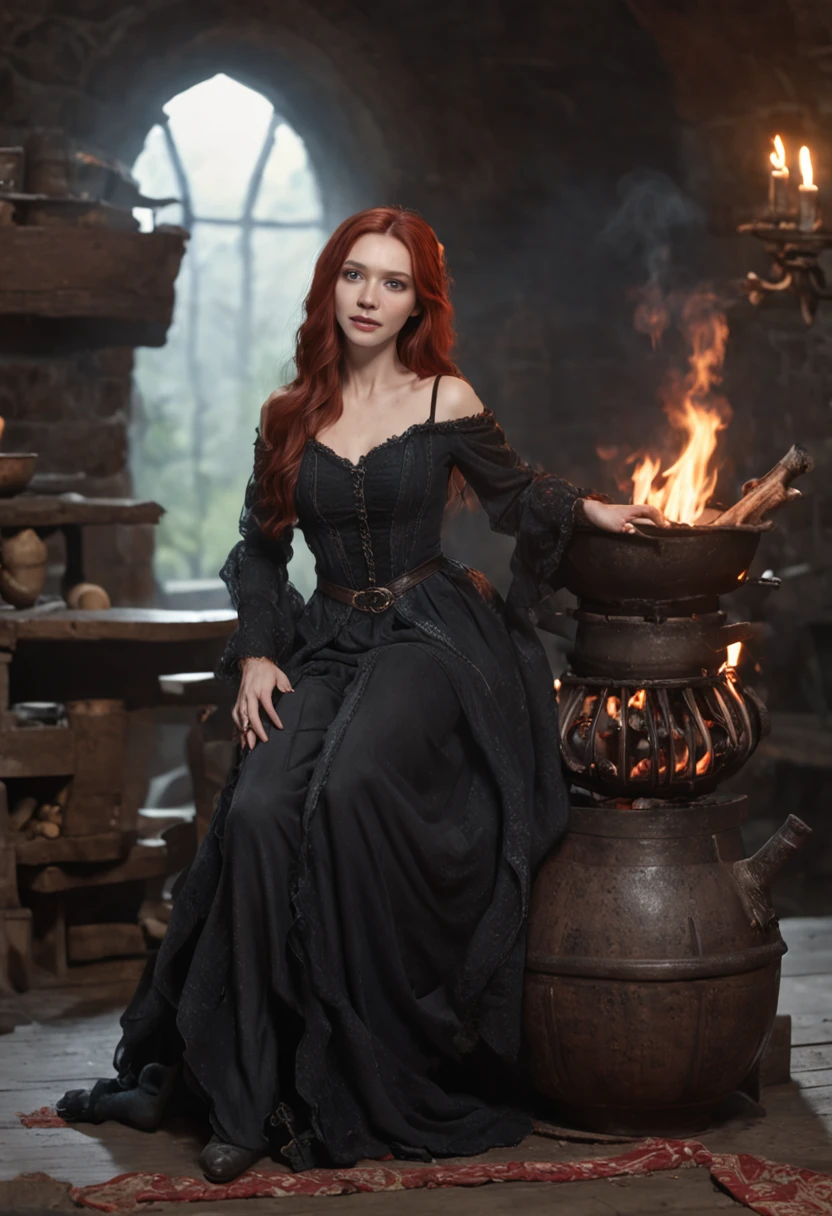 high details, best quality, 16k, RAW, [best detailed], masterpiece, best quality, (extremely detailed), full body (best details, Masterpiece, best quality), , ultra wide shot, photorealistic, fantasy art, RPG art, D&D art, a picture of a woman, witch brweing dark matter over big cauldron in the fire place, middle aged woman  (best details, Masterpiece, best quality), exquisite beautiful woman (best details, Masterpiece, best quality), ultra detailed face (best details, Masterpiece, best quality), evil grin, red hair, long hair, wavy hair, dynamic eye color, pale skin, black dress (best details, Masterpiece, best quality), wearing black boots, large boilng cauldron, black cauldron, blut mists, blue magic coming from cauldron, GlowingRunes_palebluea stove, middles ages house background, dim fire light, High Detail, Ultra High Quality, High Resolution, 16K Resolution, Ultra HD Pictures, 3D rendering Ultra Realistic, Clear Details, Realistic Detail, Ultra High Definition Waiting to start