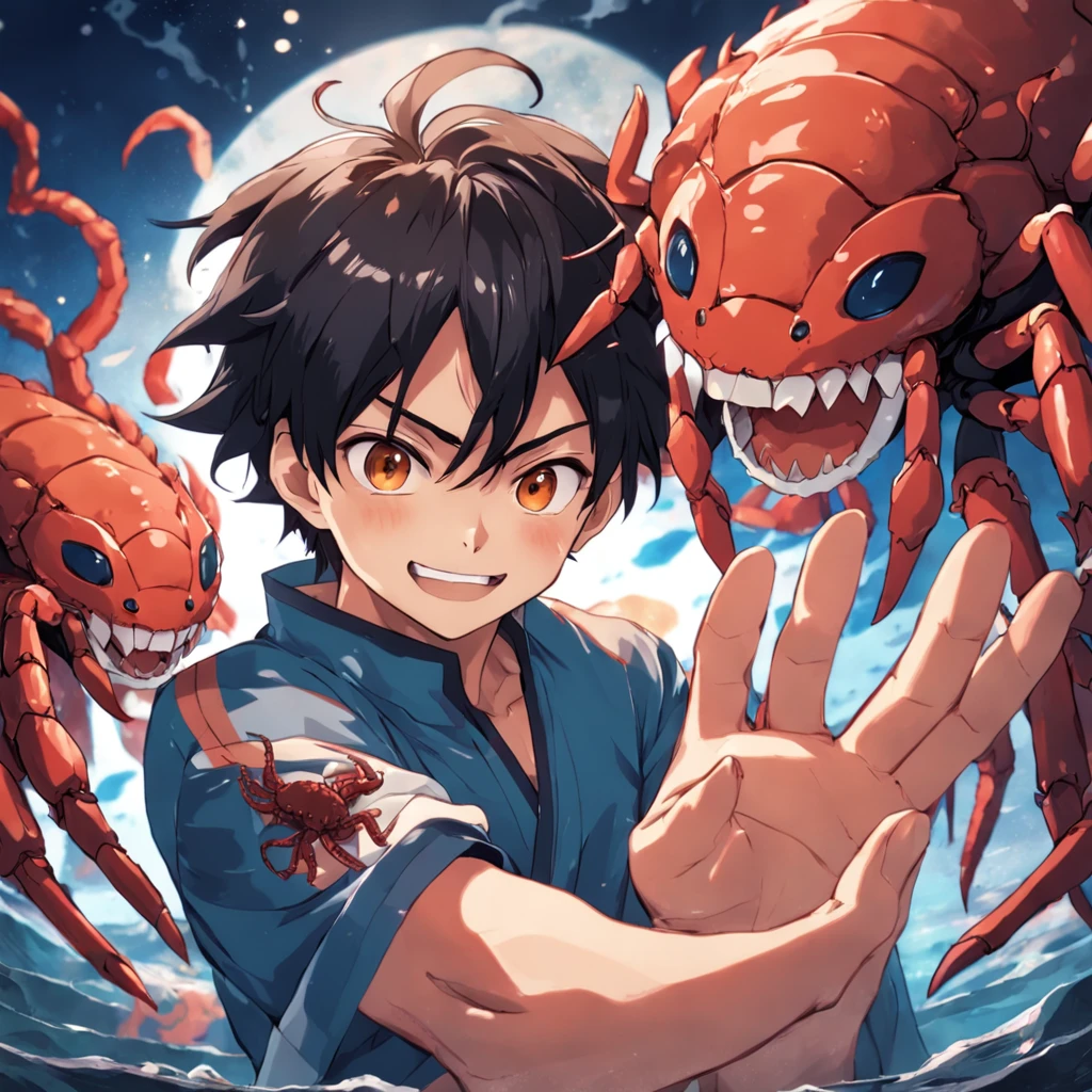 5Male in his 0s 1 Asian holding hairy crab in his hand 1A smile bigeyes90s style anime retro