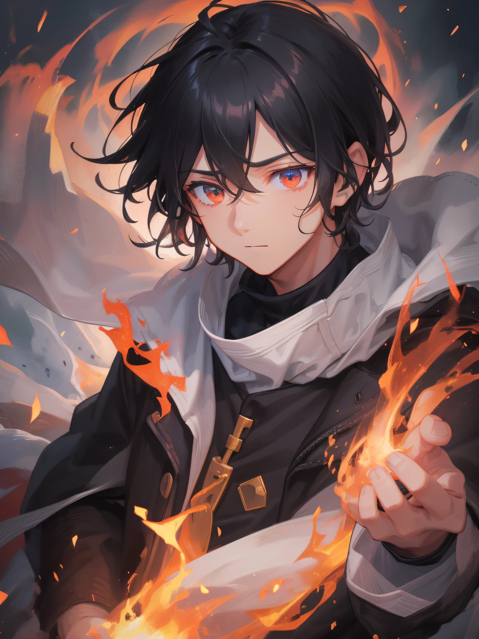 In a desolate, snow-covered village devastated by a bitter conflict, the young protagonist, his dark hair tousled and his eyes ablaze with golden light, taps into the dormant power of fire. His outstretched hand emanates swirling flames that contrast with the icy surroundings, casting an ethereal glow upon his bruised form. Embers dance upon the snow as he awakens his fiery abilities, revealing his internal strength. Capture this scene through a dynamic photograph taken with a 50mm prime lens, using a wide aperture to blur the background, highlighting the protagonist amidst the destruction and his newfound power. --ar 16:9 --v 5