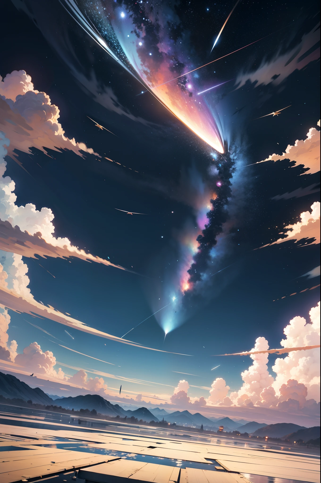 wide wide shot,in a panoramic view,(Look up),Picture in the sky,Expansive landscape photograph,Clear sky,(Faraway view:1.8),(A huge blue planet in the sky in the distance) ,Birds fly in the near air,Planes in the sky,spaceship in the sky/The display is minimal,meteors,Meteorites in the sky,the space, afloat,Multi-layered, Complicated details,Volumetriclighting,Realism BREAK(tmasterpiece:1.2),(dynamic compositions:1.4),Colorful details, otherworldly charm,, Super detail, ccurate, Best quality,8K