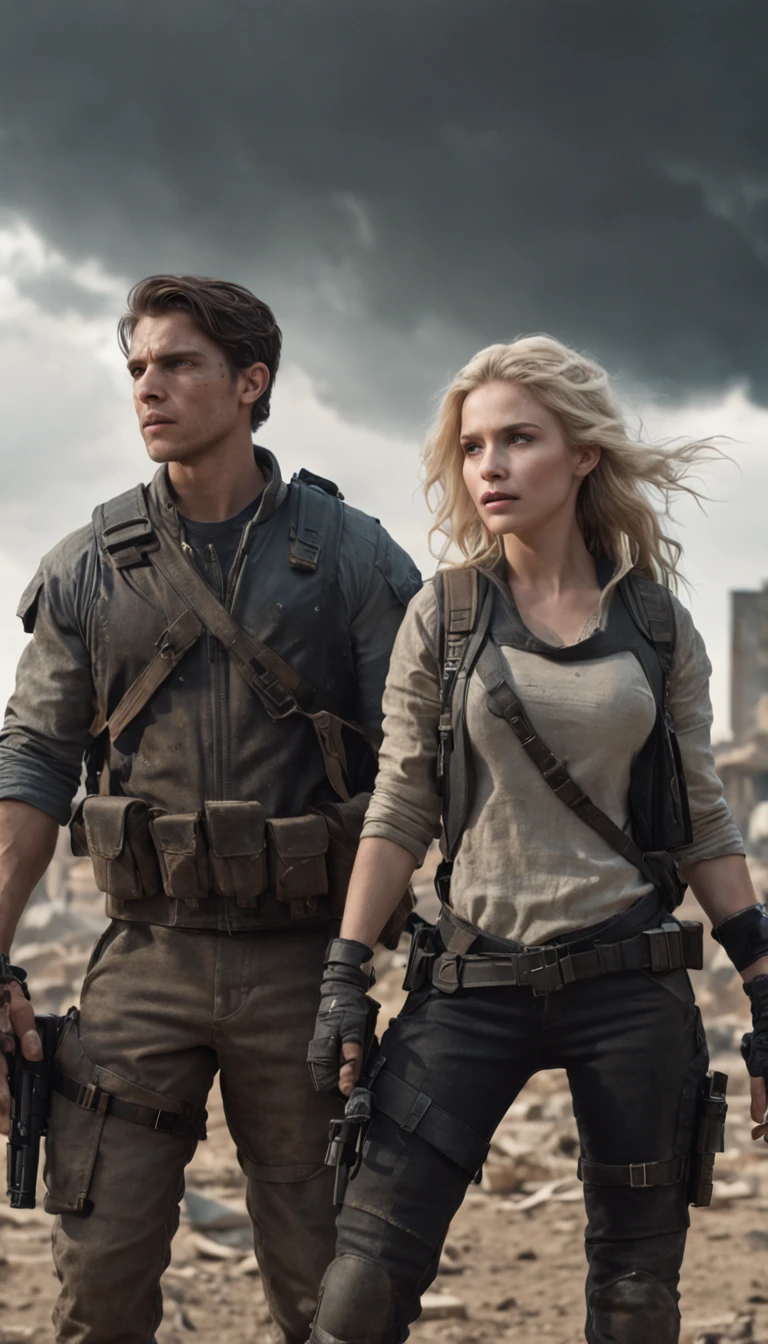 The dystopia cover features a post-apocalyptic setting where the wreckage of a war-torn city stretches to the horizon. The sky is a gray mix, reflecting the gloomy atmosphere of the world in which the story takes place. With their backs to the audience, the couple are positioned side by side, looking determinedly at the horizon. She is blonde, wears tough clothes and carries a determined look, her hair blowing in the wind. he, taller than she, has a firm posture and a combat weapon strapped to his back.