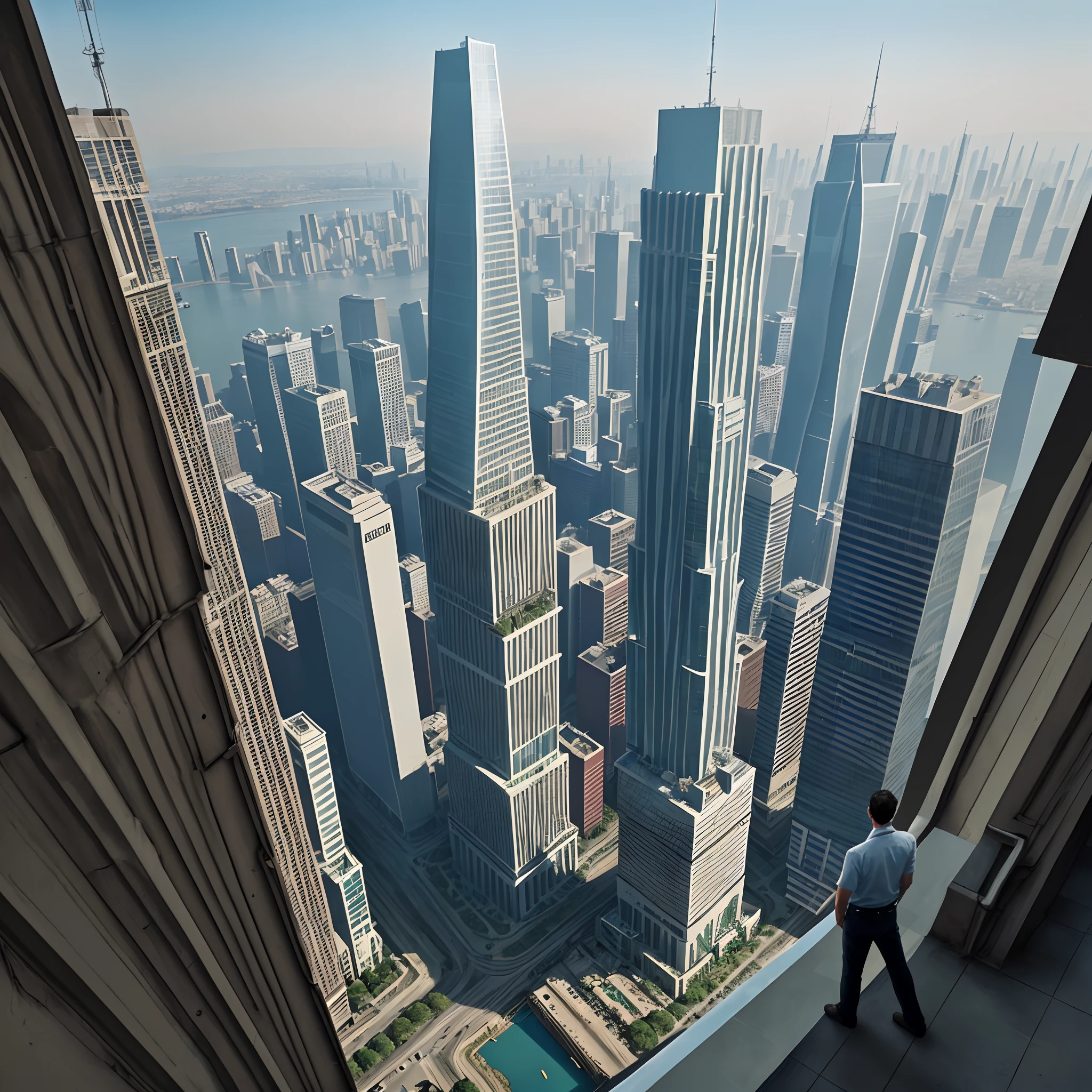 A man stands in the tallest building in the city,Only the back is exposed,Overlooking the city