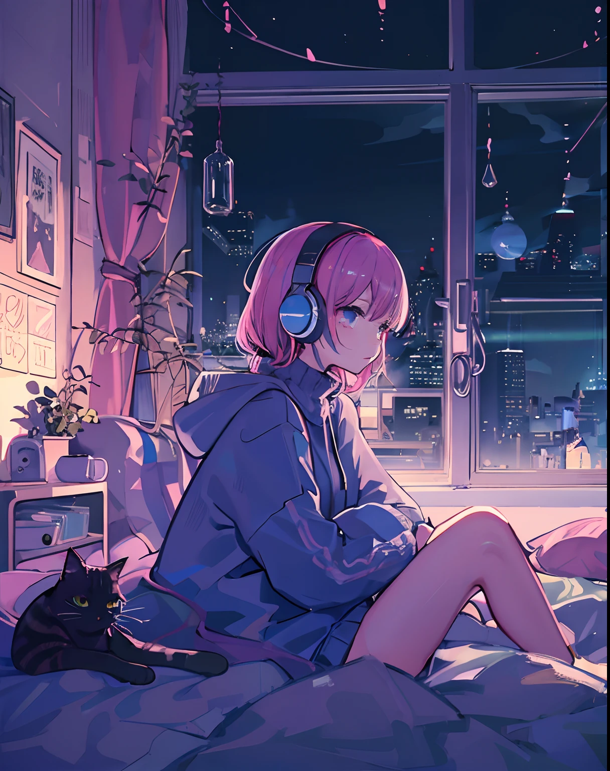 A detailed anime girl, wearing a large sweater, wearing headband headphones, without pants, wide hips, fat thighs, lofi, tranquil, quiet vibes, chilling, blue black and pink, in her bedroom looking at the window, night, quiet night, cat, masterpiece, best quality