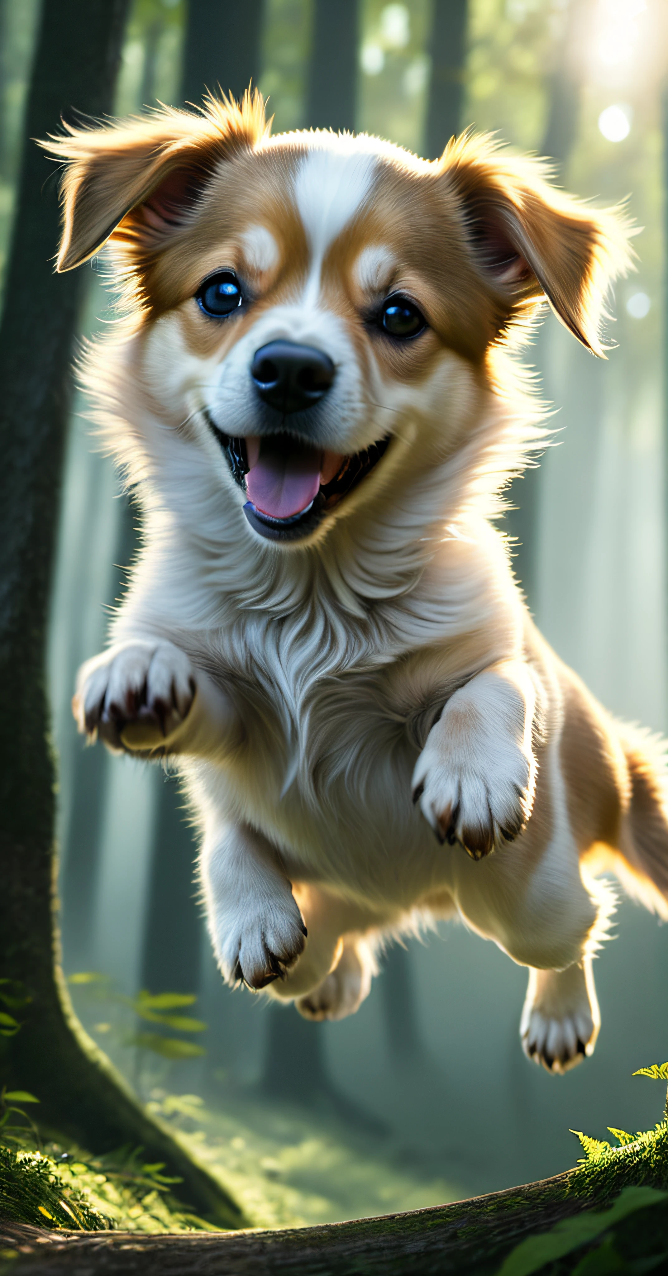 Close-up of a very cute jumping puppy in the forest, soft volumetric light, (backlight: 1.3), (movie: 1.2), intricate details, (ArtStation: 1.3), Rutkowski