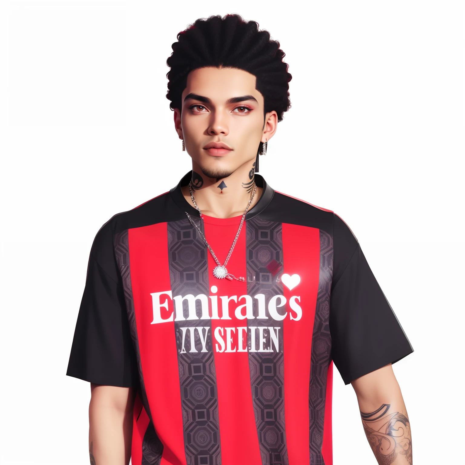 Man with a tattoo on his neck and a red and black shirt, fosco, foto de perfil, Jamie Reid, Marco Lense, oficial, inspirado em Willian Murai, Carregado, No estilo de Tyler Mitchell, Milan Jozing, Milan Scissors, Marcos Ariano, lorenzo vitturi, Joel Torres, Foto de perfil, Afro vermelho, Tim