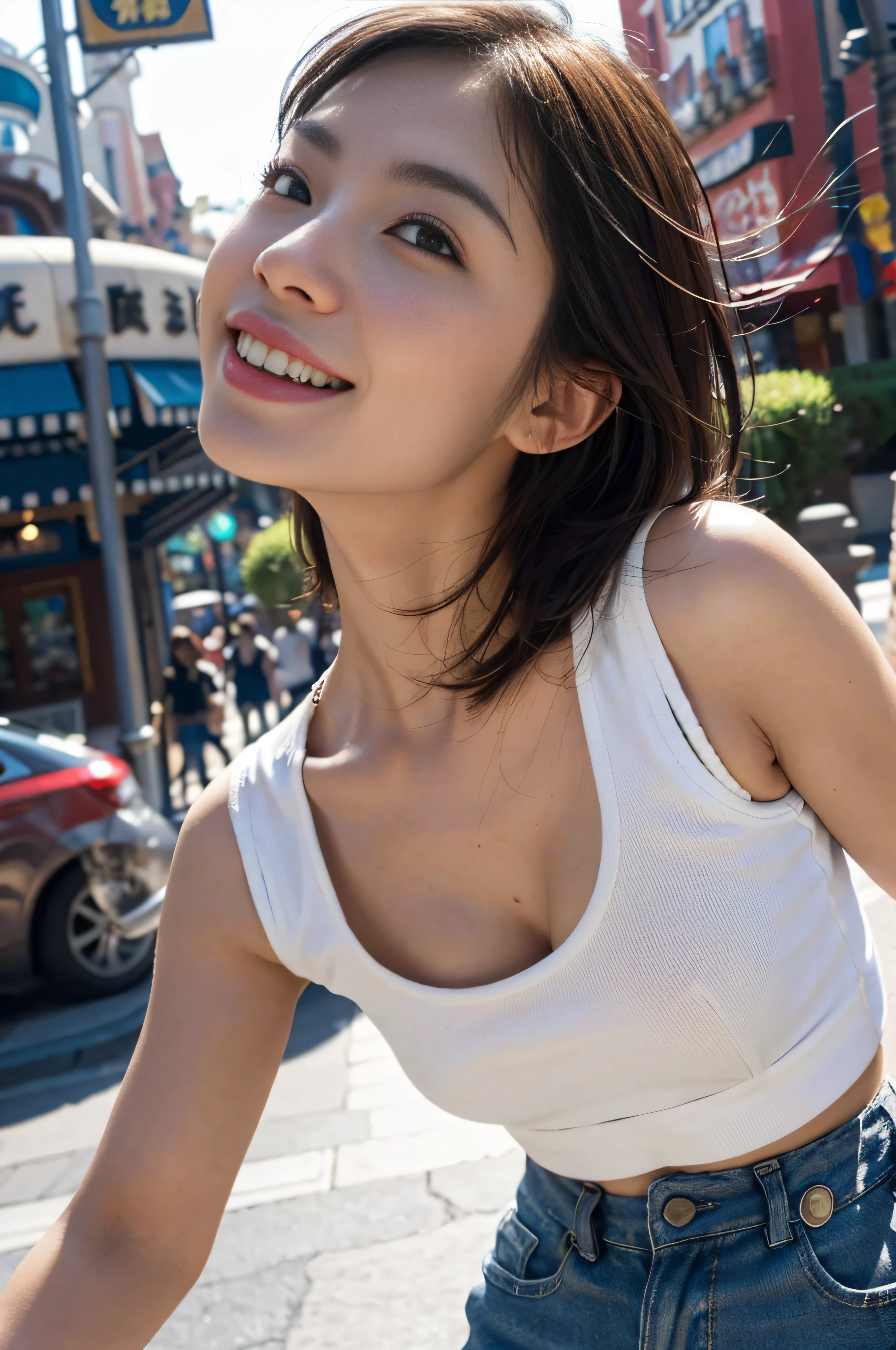 8K, masutepiece, Best Quality, Photorealistic, Ultra-detailed, 1 girl、（Osaka USJ Zombie）, Realistic skin texture,white teeth smile、Fun Medium Breasted, gazing at viewer, Smile, cropped shirt, skinny T-shirt, Tank top,( underboobs, under the boobs), Micro Mini Skirt, Hot Pants, Shorts, Movie Lighting, Face Focus, Fine eyes, Detailed face, Bright face, day light,（ Disney land）, low  angle shot, View from below