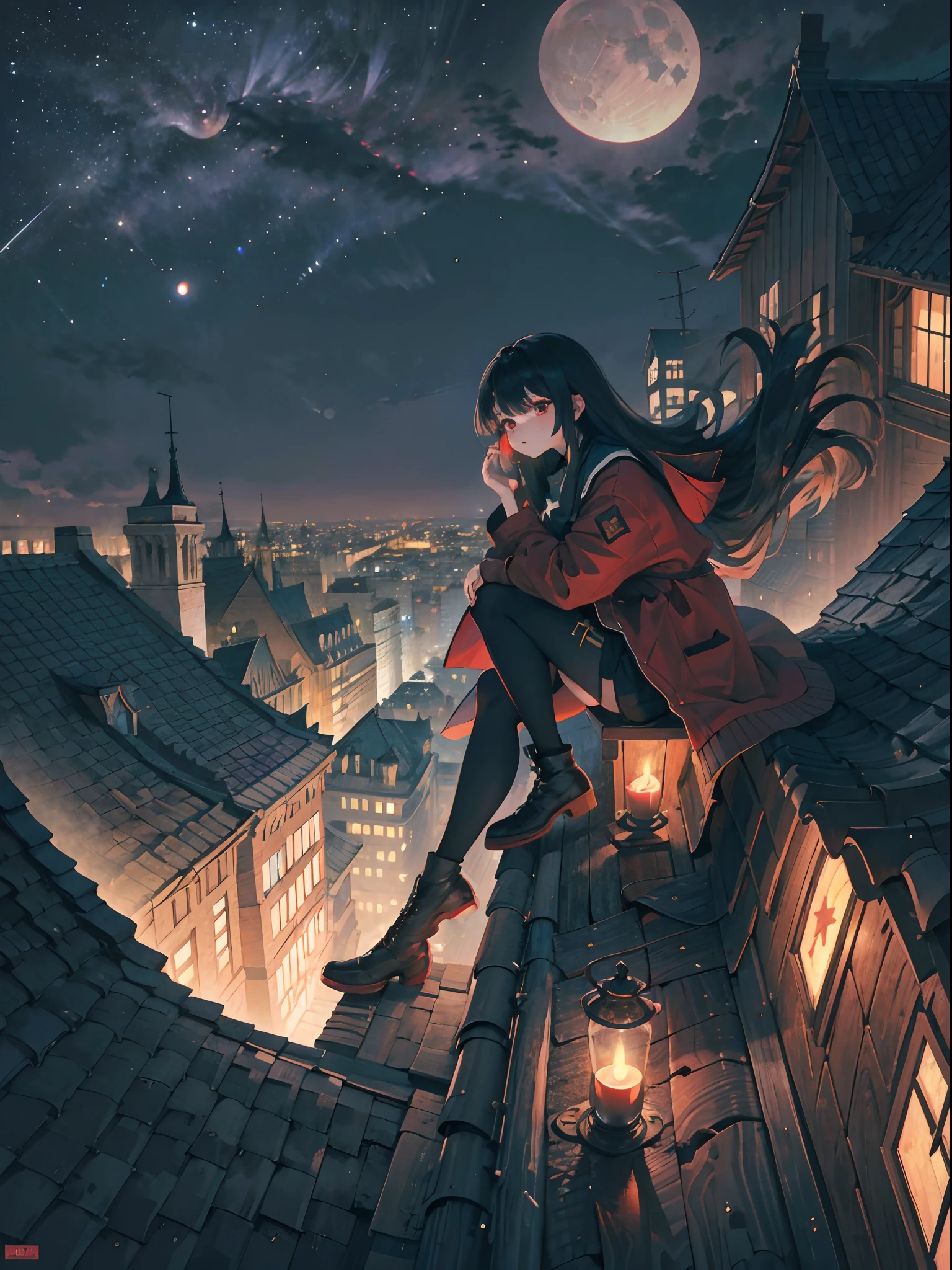 There is 1 girl and 1 kitten on the roof,full_Body,(Tall:1.1),black_Hair,Long_Hair,Thick_Hair,bangs,Red_Eyes,mediating_Breasts,Sitting,Coat,Shorts,Pantyhose, Boots, sitting on rooftop, The kitten crouched next to her,scenery, horizon, the roof,Moon,Night sky, Star, absurderes, Break, Masterpiece,Best quality,A high resolution,High-definition facial features,8K, super detailing,best qualtiy, --auto