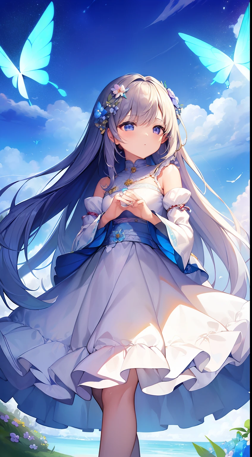 (((​masterpiece)))、(((top-quality)))、((ultra-detailliert))、The Spirit of the Coming Earth、Wind Spirit、Wearing flowers that invite dreams、Running under the blue sky、stormy、（Spring storms）Little butterfly flying around　beautifull hands、Good Hand、Dainty girl's hands、