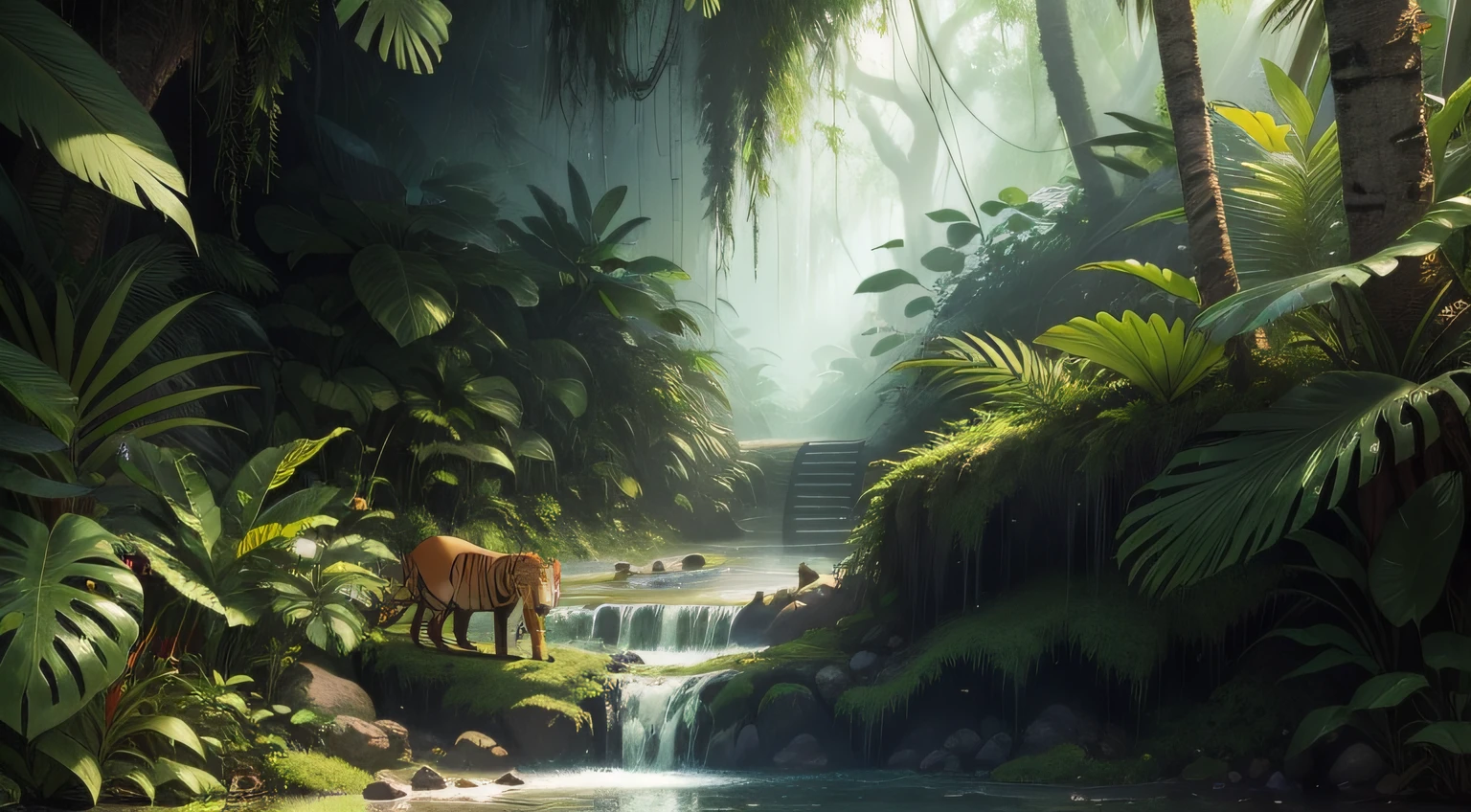 deep in the dense jungle,There is a background of tropical rainforest,There are tigers,There are elephants,There are parrots,Grandiose scenes,k hd